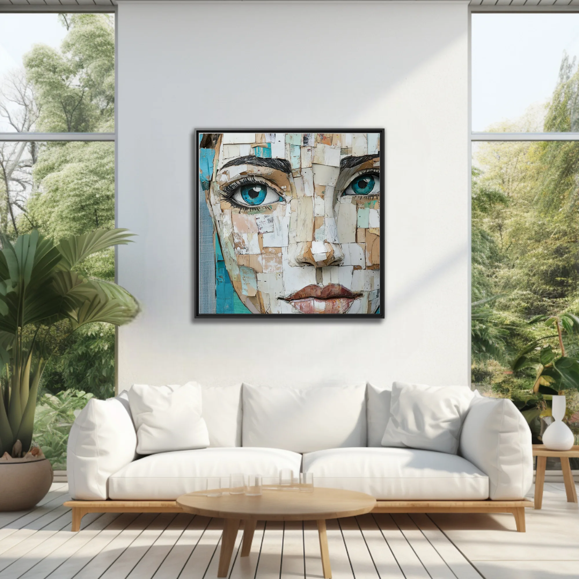 Collage-style female portrait with teal eyes, torn paper textures, earthy and teal tones