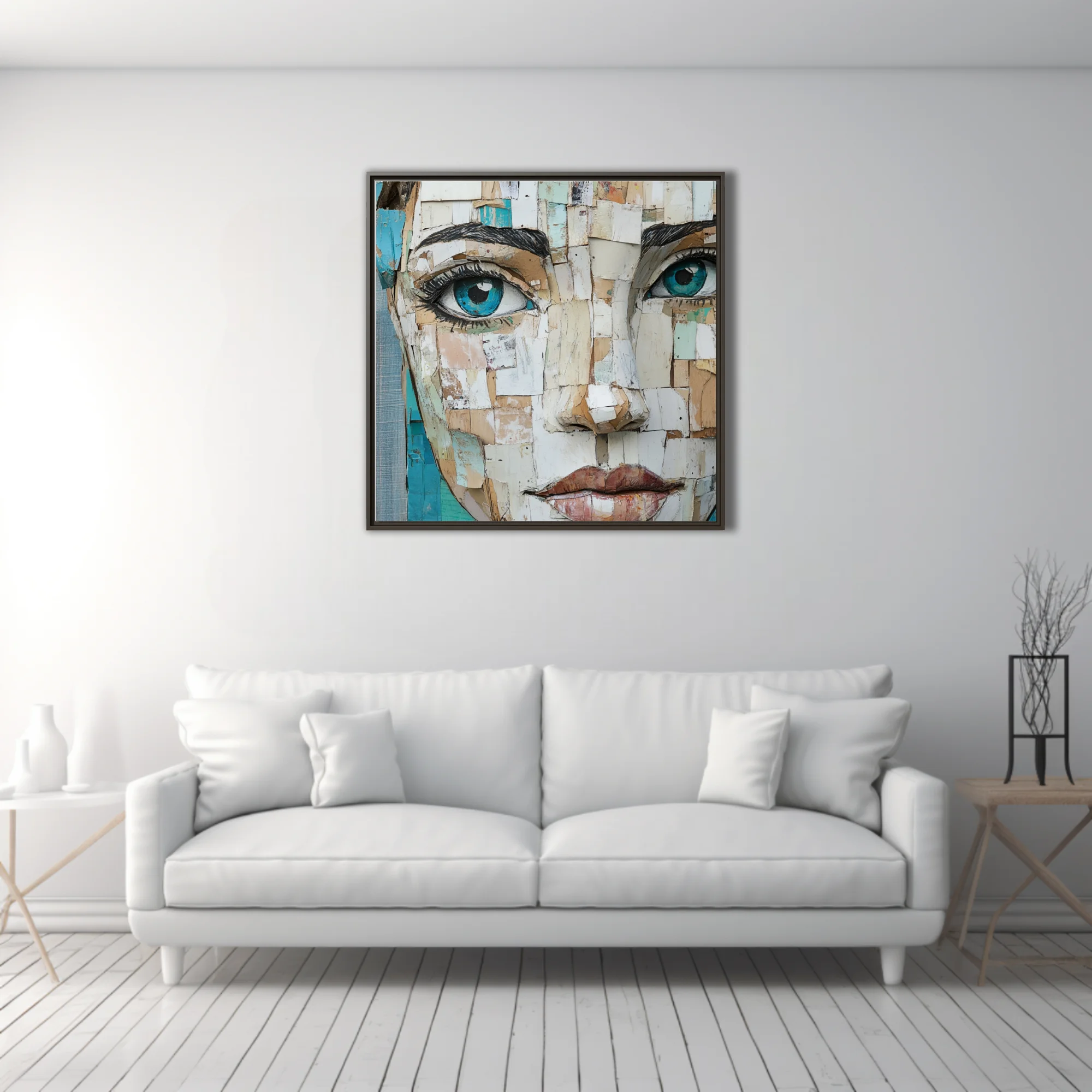 Collage-style female portrait with teal eyes, torn paper textures, earthy and teal tones