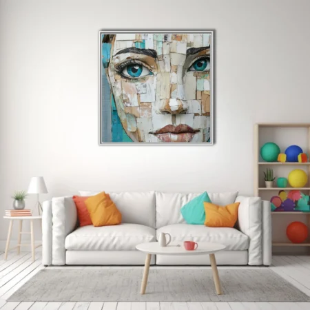 Collage-style female portrait with teal eyes, torn paper textures, earthy and teal tones