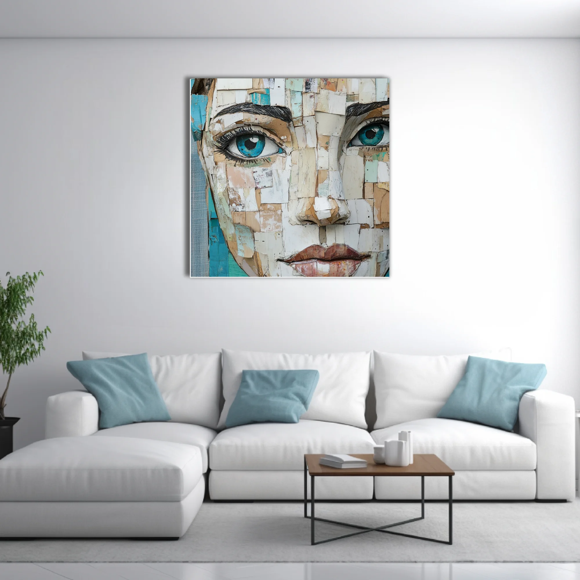 Collage-style female portrait with teal eyes, torn paper textures, earthy and teal tones
