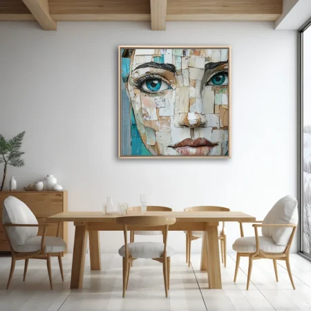 Collage-style female portrait with teal eyes, torn paper textures, earthy and teal tones