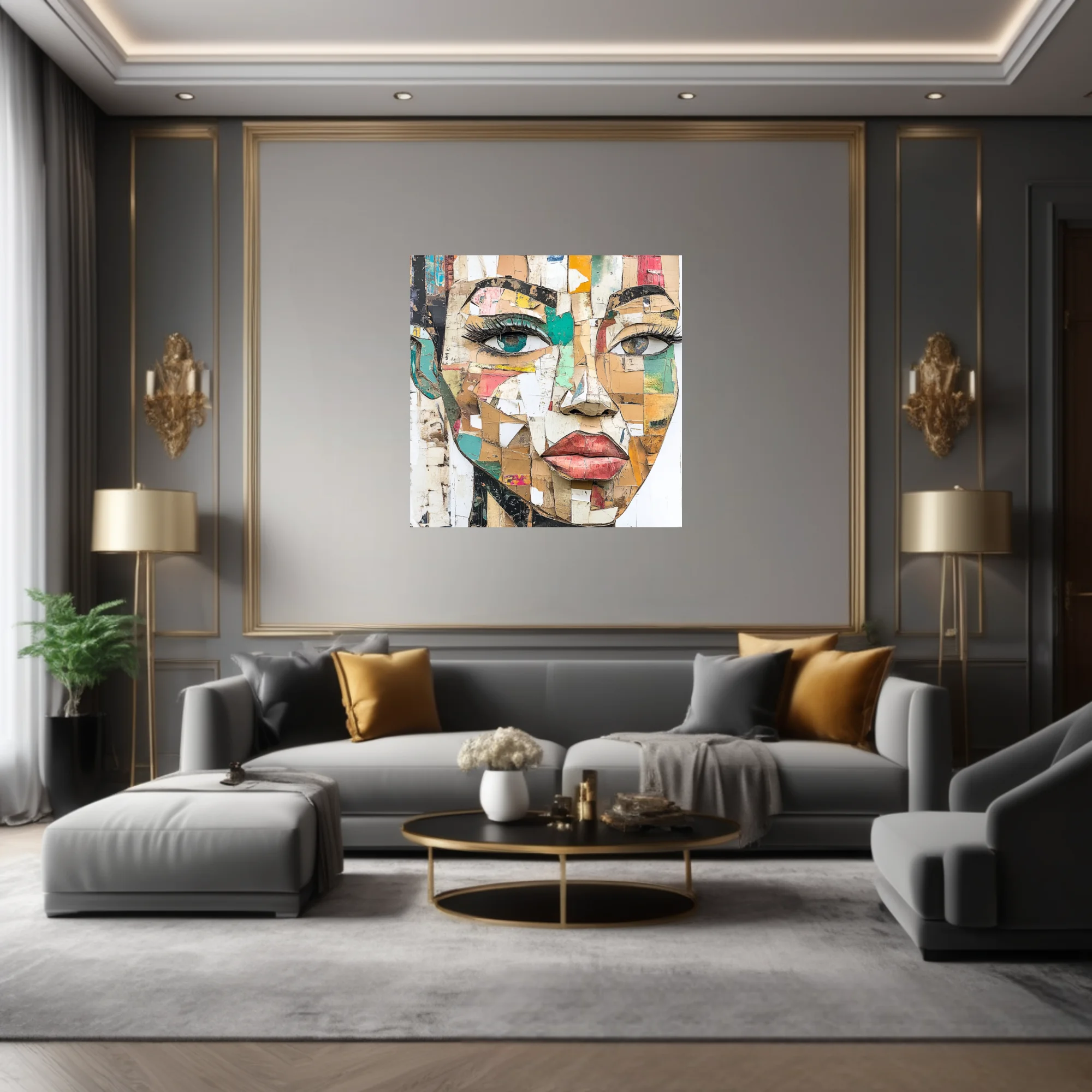 Abstract collage-style female portrait in earthy tones with teal and coral accents
