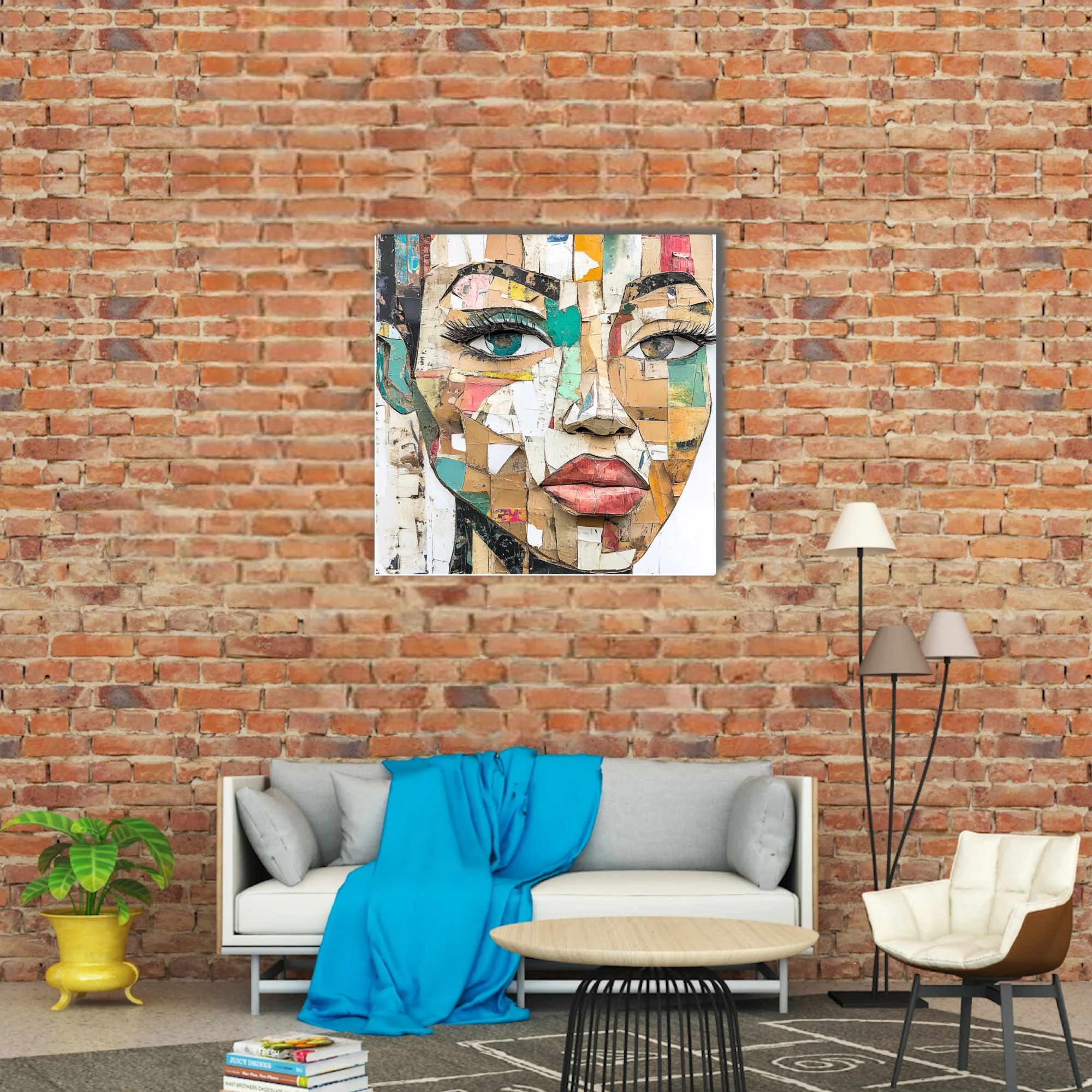 Abstract collage-style female portrait in earthy tones with teal and coral accents
