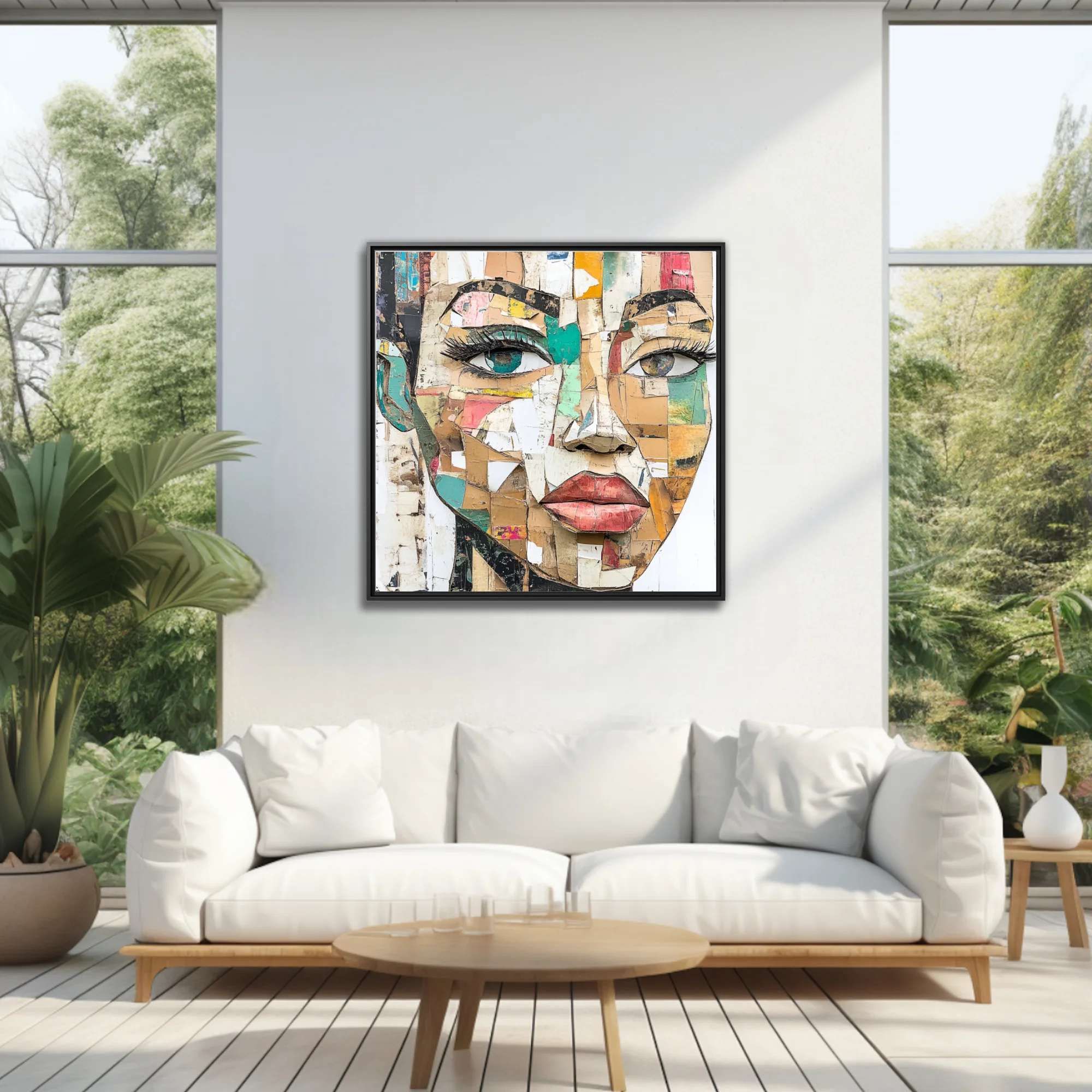 Abstract collage-style female portrait in earthy tones with teal and coral accents