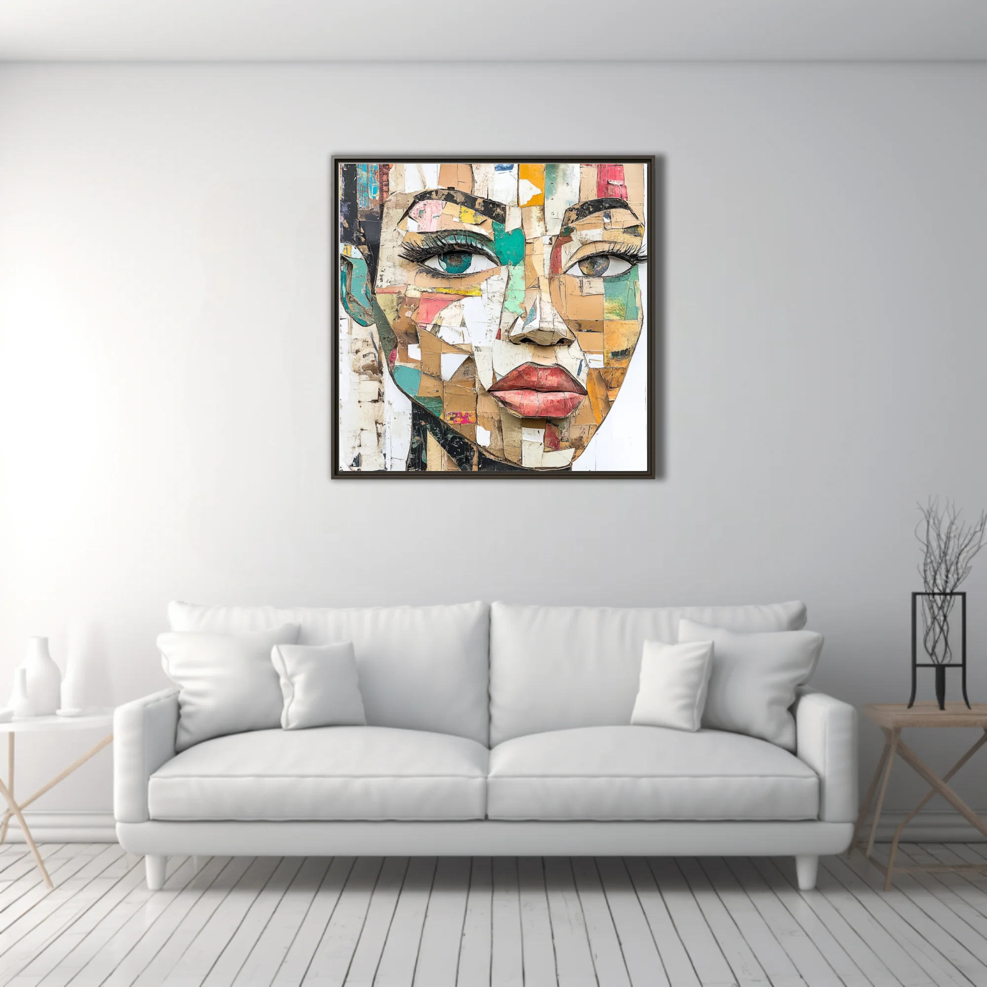 Abstract collage-style female portrait in earthy tones with teal and coral accents