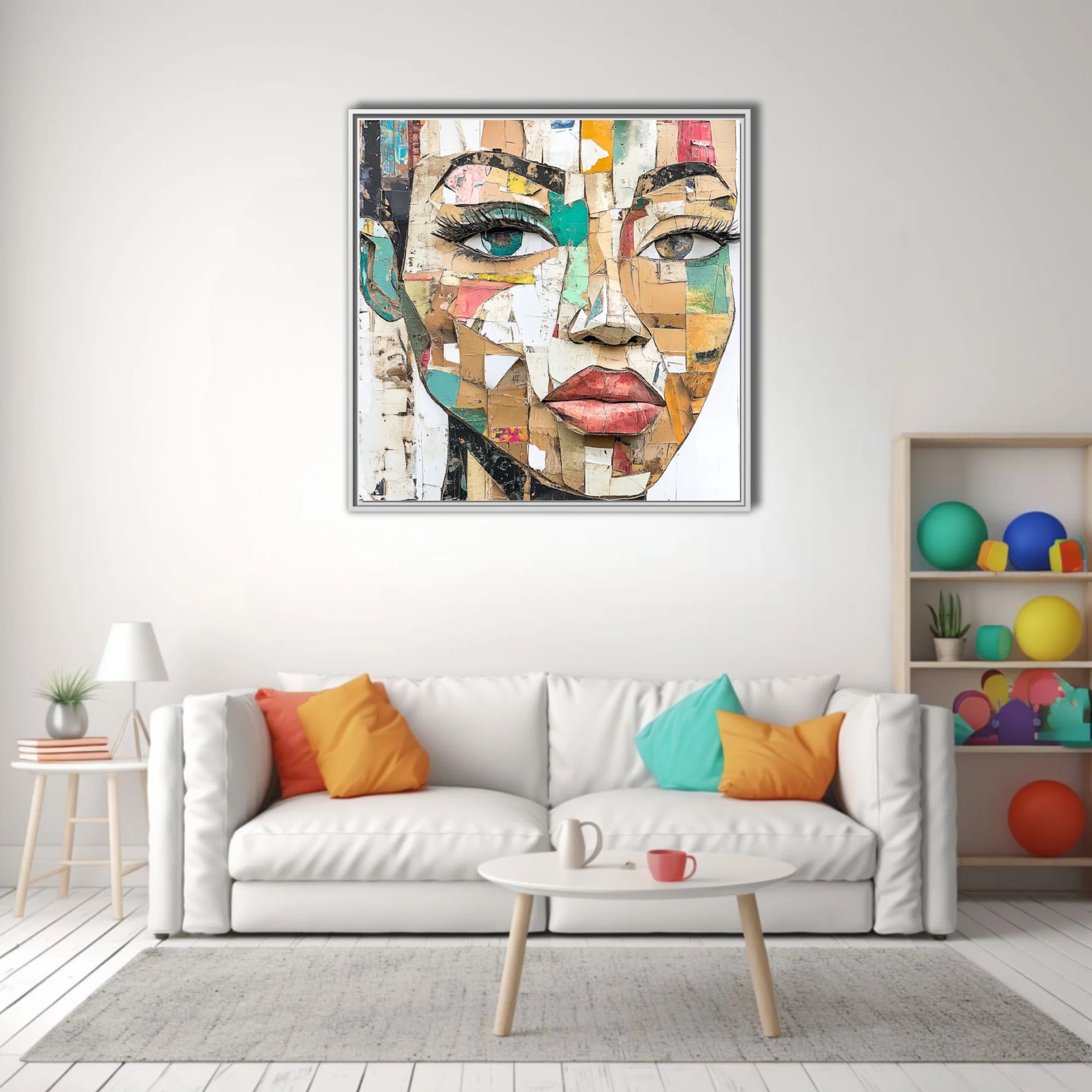 Abstract collage-style female portrait in earthy tones with teal and coral accents