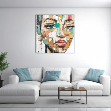 Abstract collage-style female portrait in earthy tones with teal and coral accents