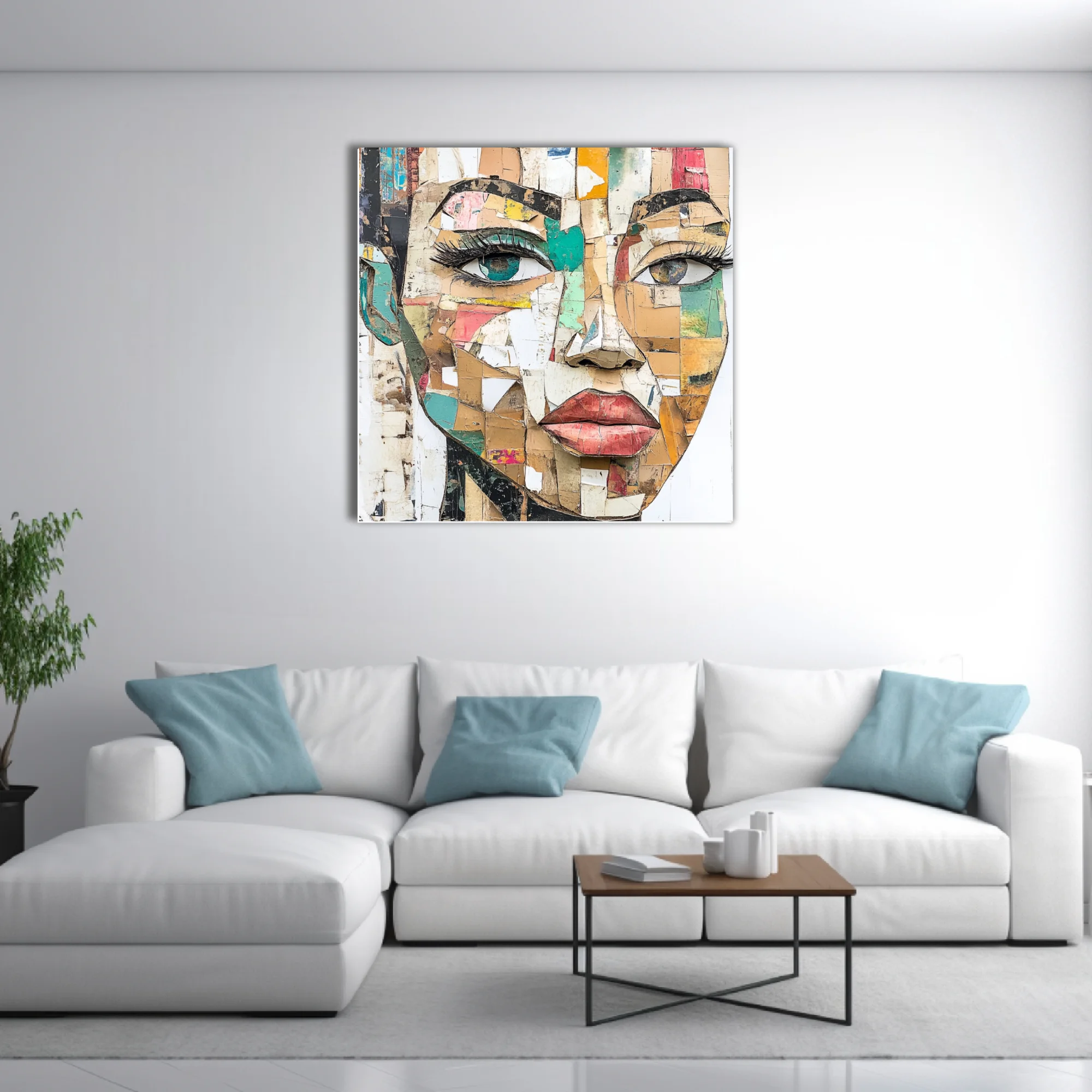 Abstract collage-style female portrait in earthy tones with teal and coral accents