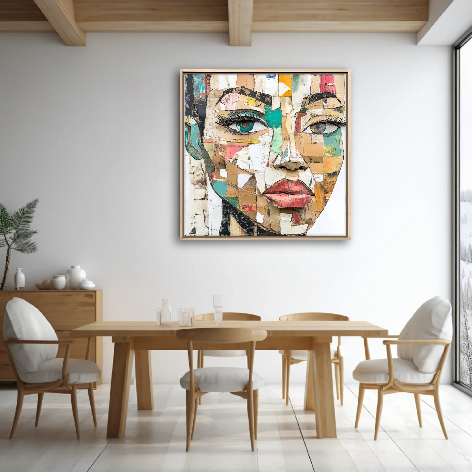 Abstract collage-style female portrait in earthy tones with teal and coral accents