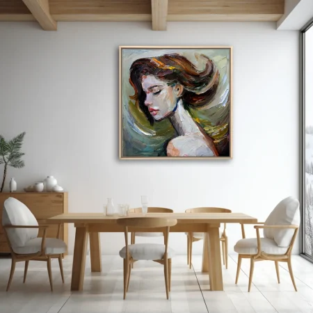 Expressive portrait of a woman with auburn hair in muted olive and pearl tones