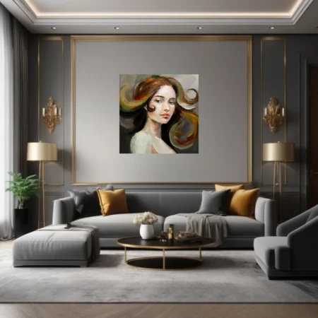 Expressive portrait of a woman with swirling auburn hair and pale luminous skin