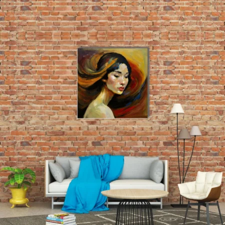 Expressive portrait of a woman with dark hair, amber crimson palette, painterly