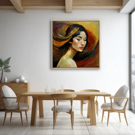 Expressive portrait of a woman with dark hair, amber crimson palette, painterly