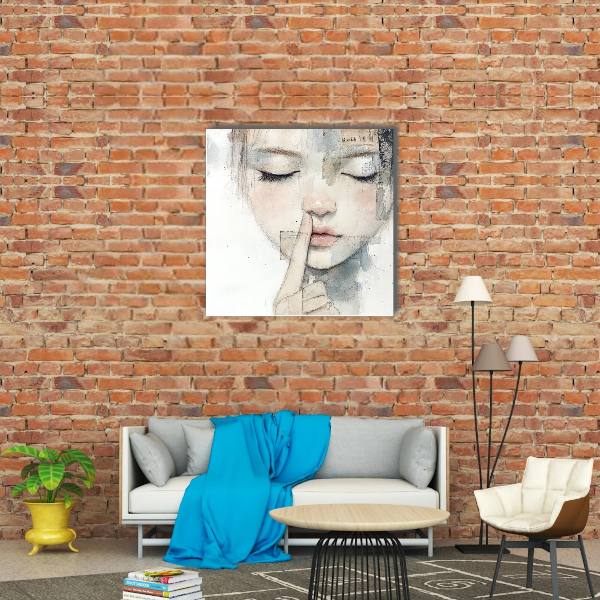 Mixed-media watercolor-style female portrait, finger-to-lips, soft pastel tones