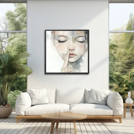Mixed-media watercolor-style female portrait, finger-to-lips, soft pastel tones
