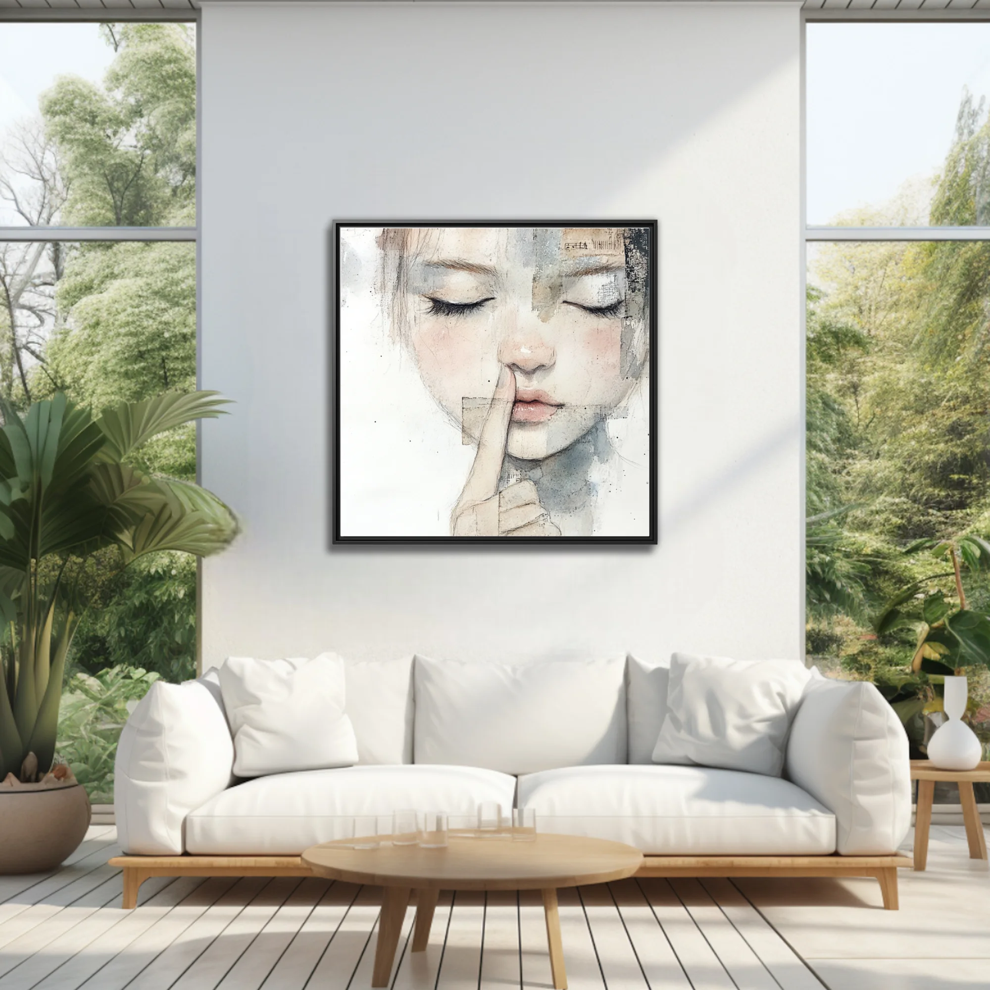 Mixed-media watercolor-style female portrait, finger-to-lips, soft pastel tones