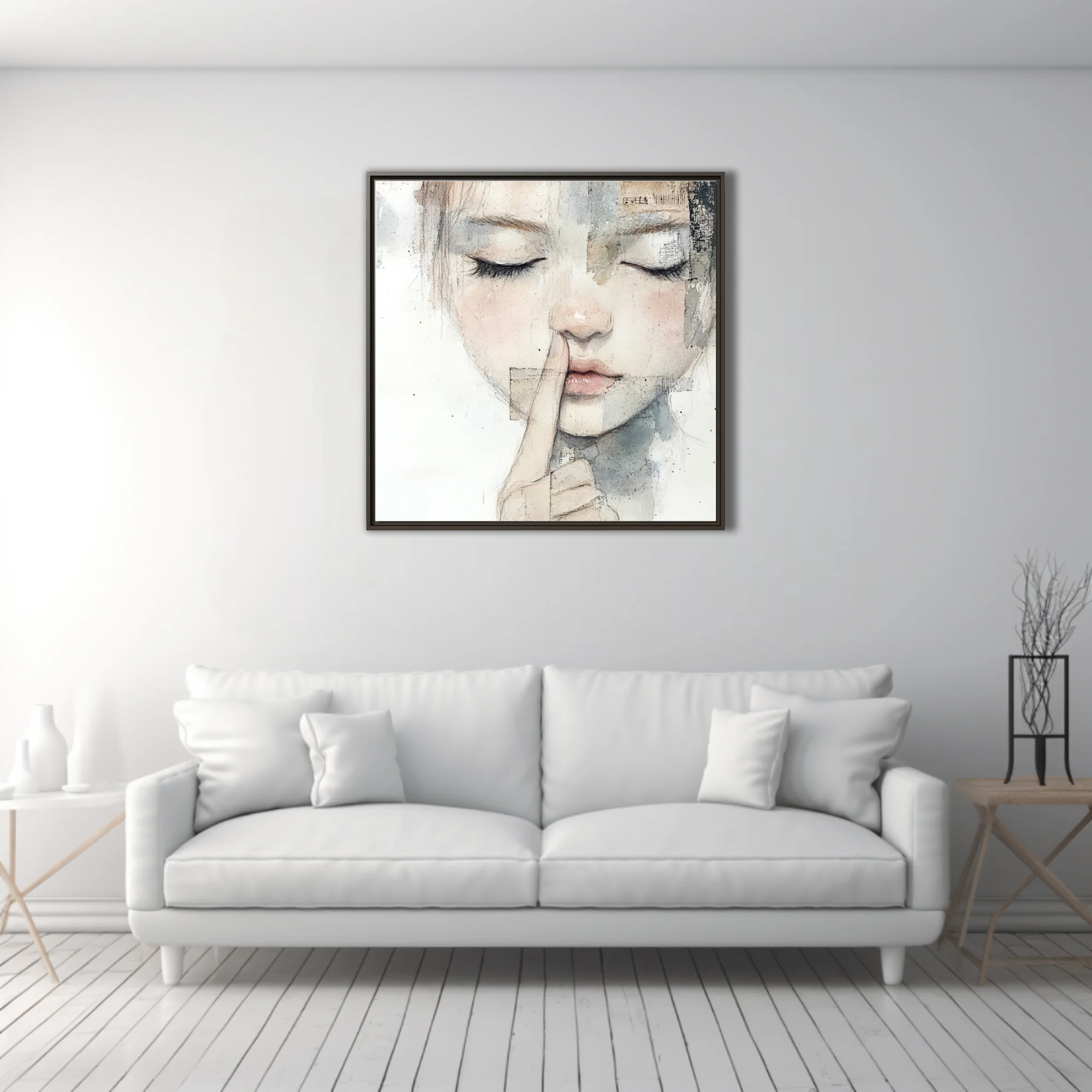Mixed-media watercolor-style female portrait, finger-to-lips, soft pastel tones