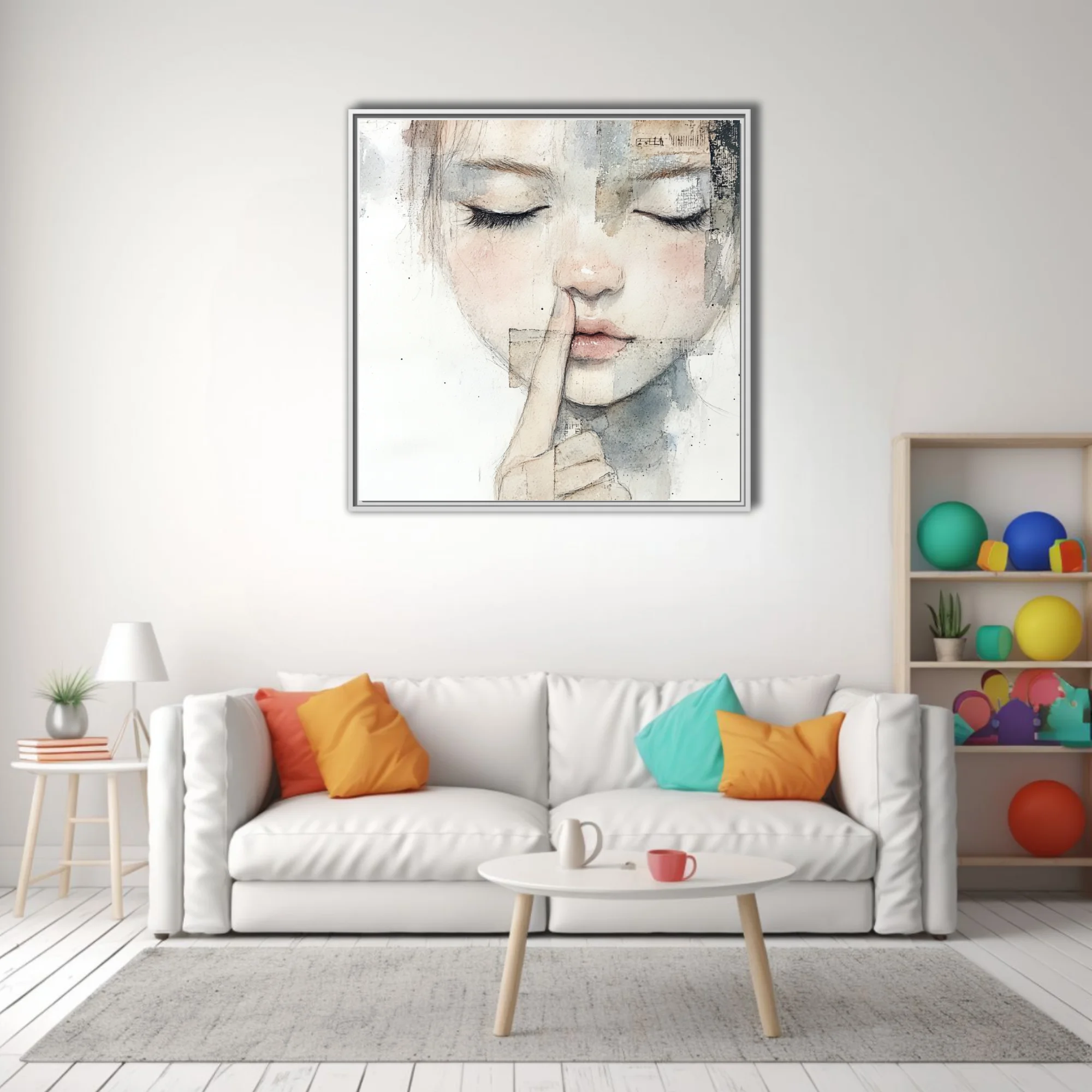 Mixed-media watercolor-style female portrait, finger-to-lips, soft pastel tones