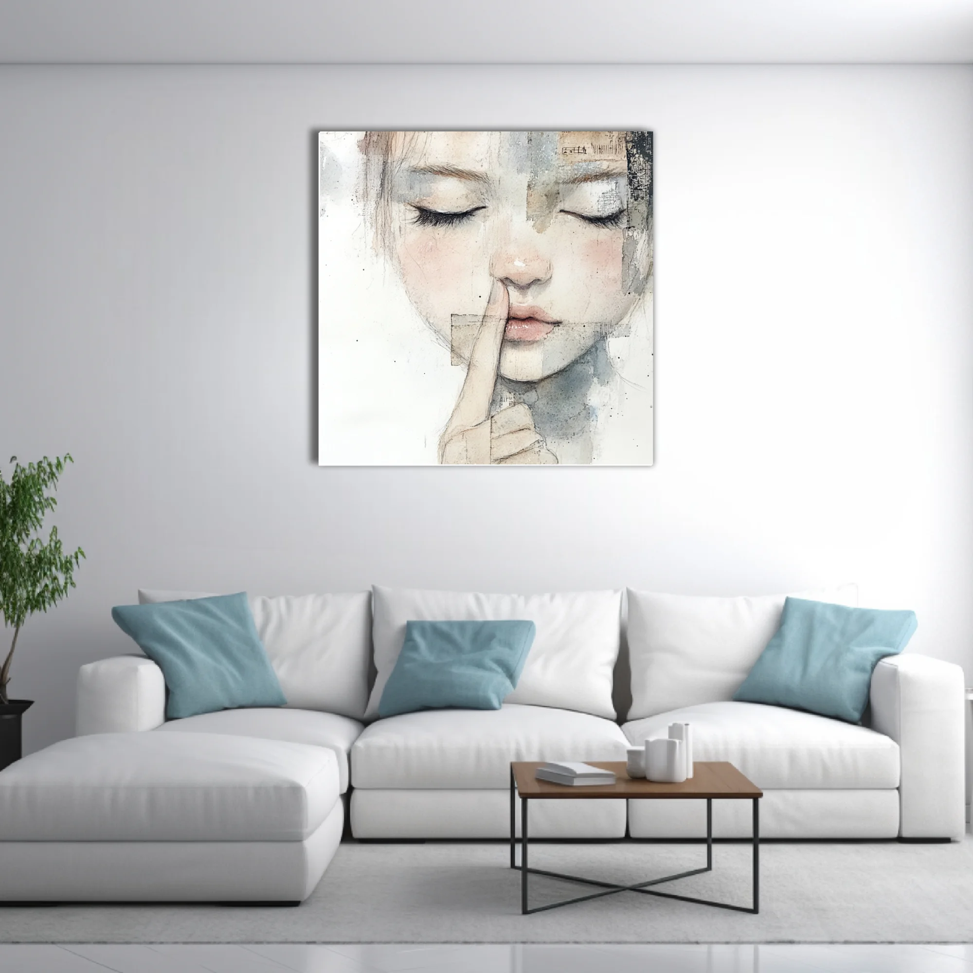 Mixed-media watercolor-style female portrait, finger-to-lips, soft pastel tones