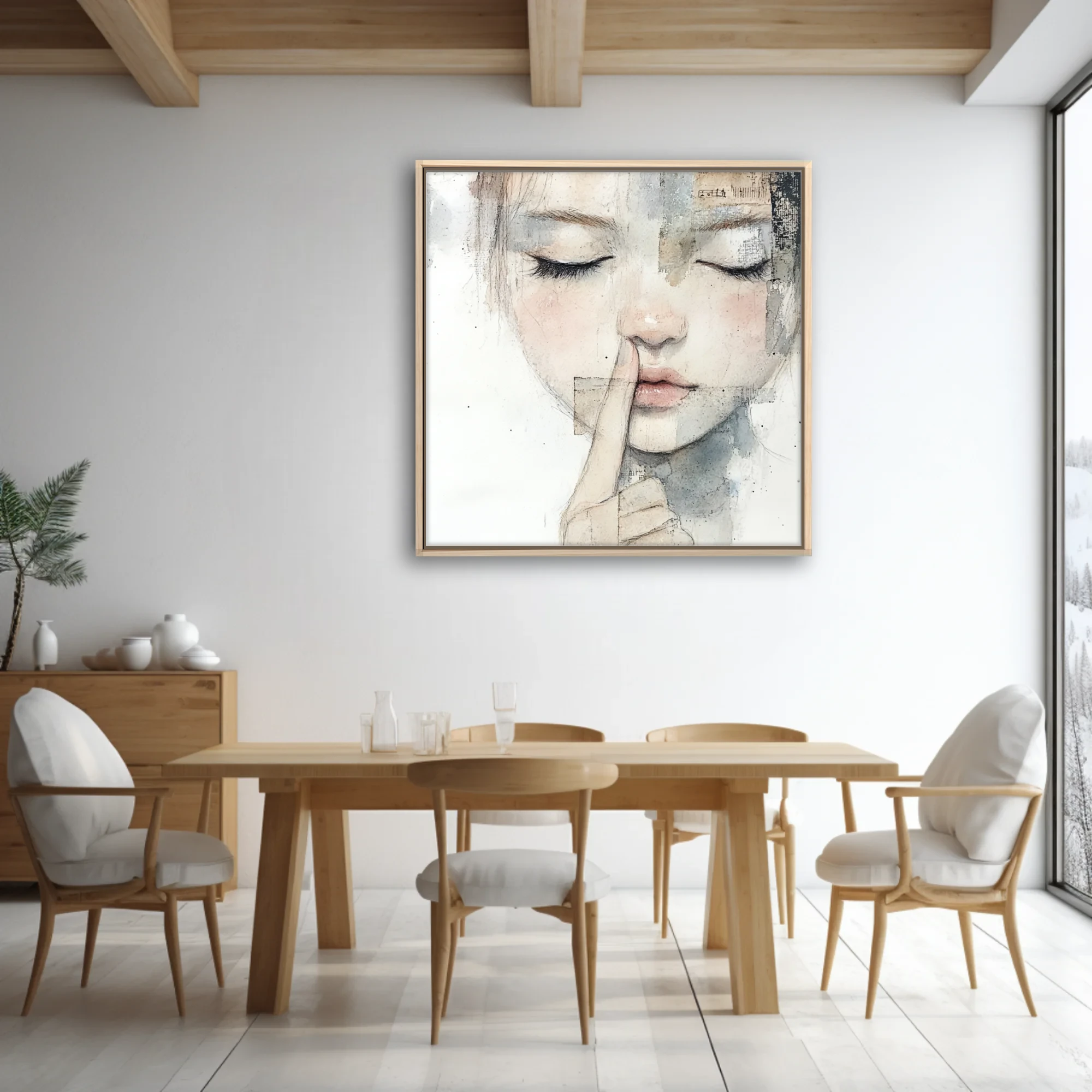 Mixed-media watercolor-style female portrait, finger-to-lips, soft pastel tones