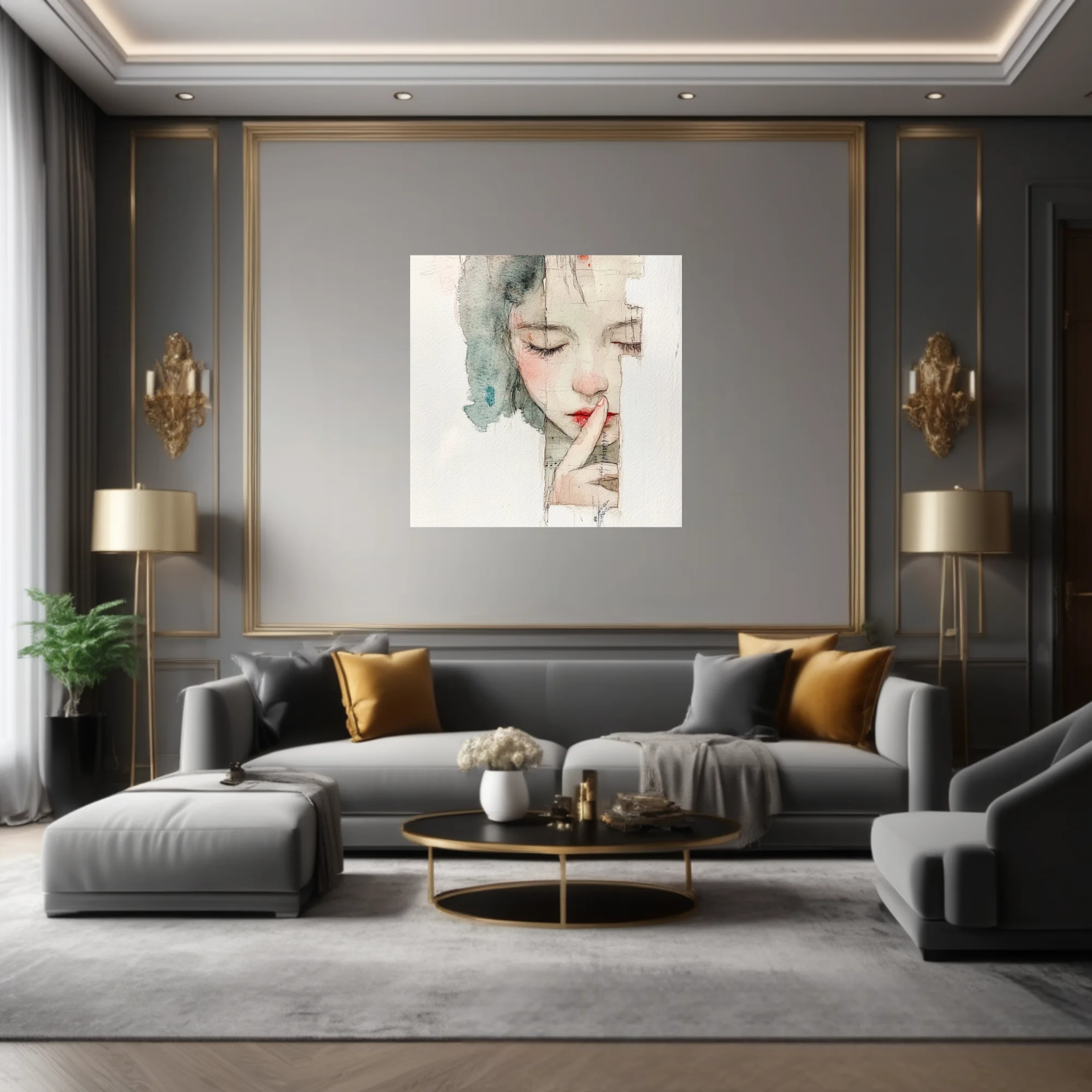 Watercolor-style mixed-media female portrait, muted tones, hushed contemplative mood