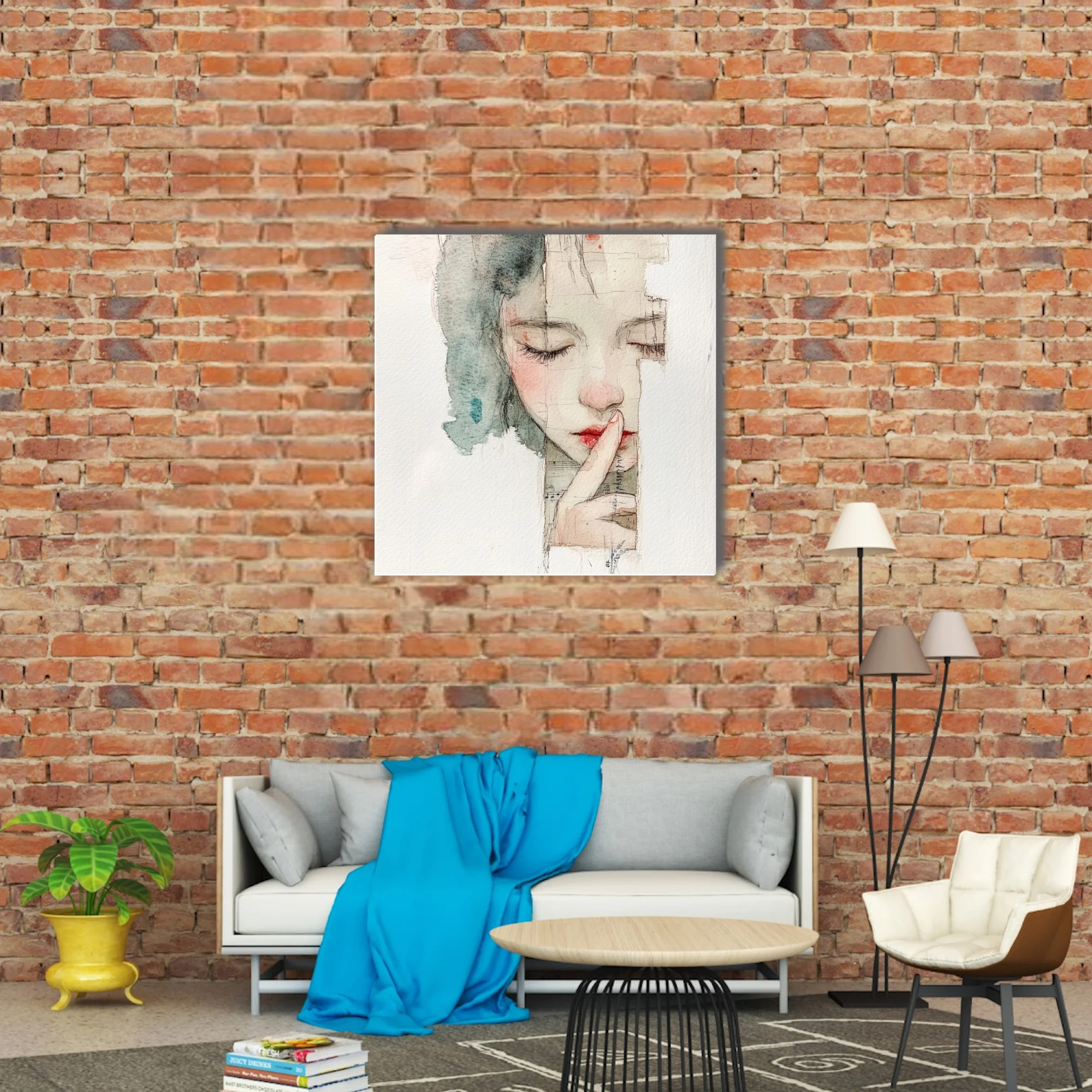 Watercolor-style mixed-media female portrait, muted tones, hushed contemplative mood