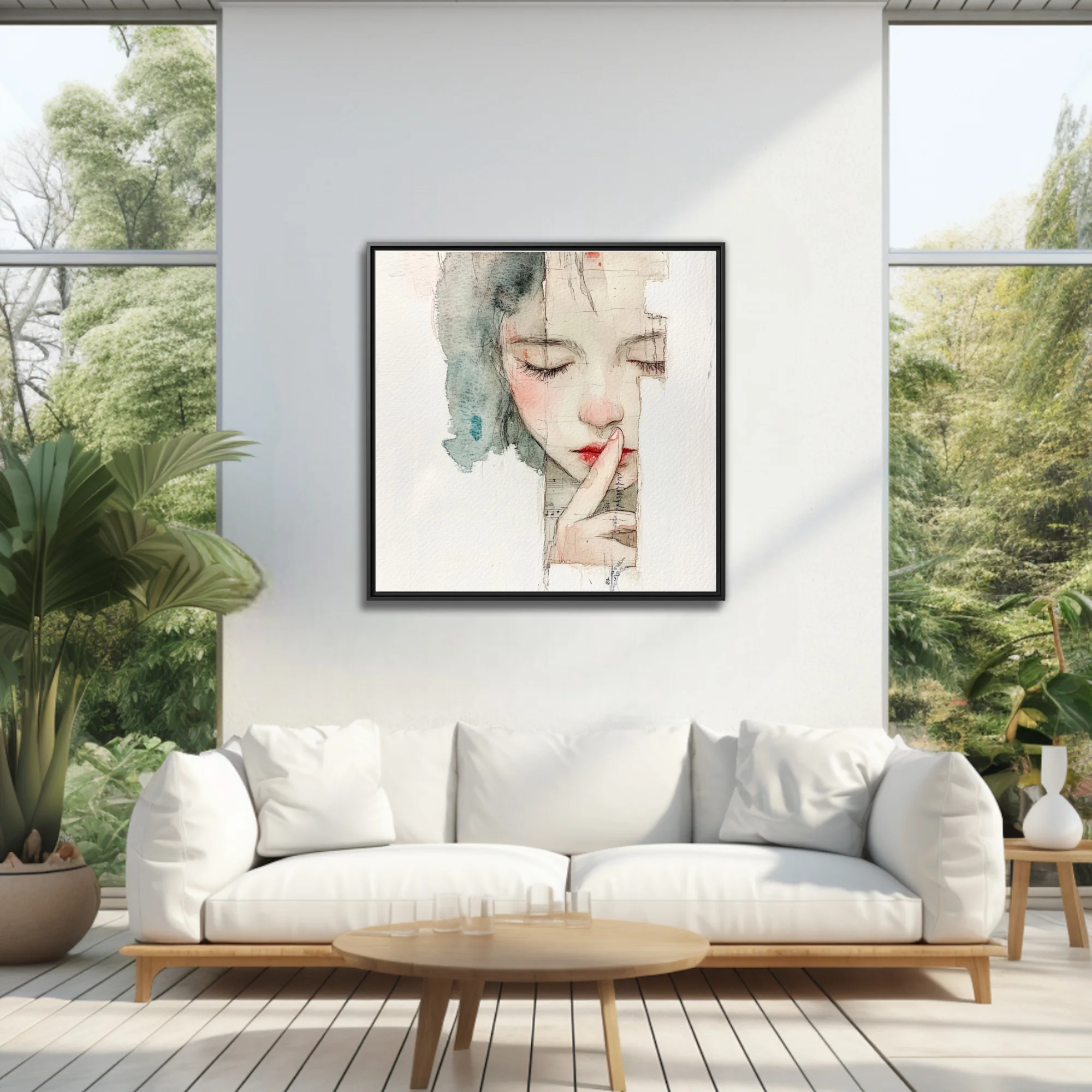 Watercolor-style mixed-media female portrait, muted tones, hushed contemplative mood