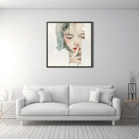 Watercolor-style mixed-media female portrait, muted tones, hushed contemplative mood