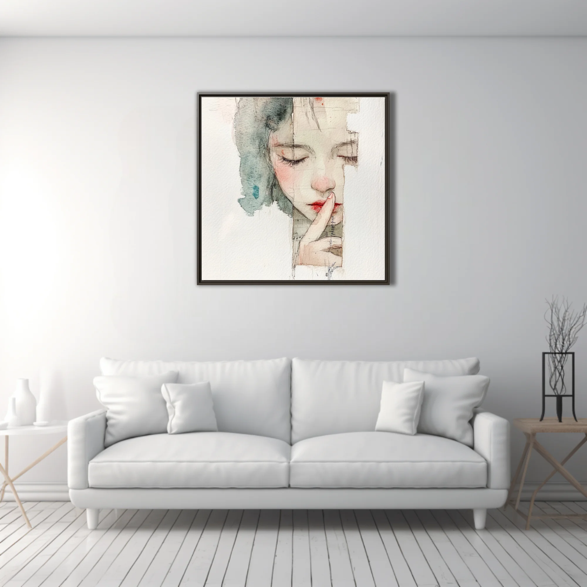 Watercolor-style mixed-media female portrait, muted tones, hushed contemplative mood