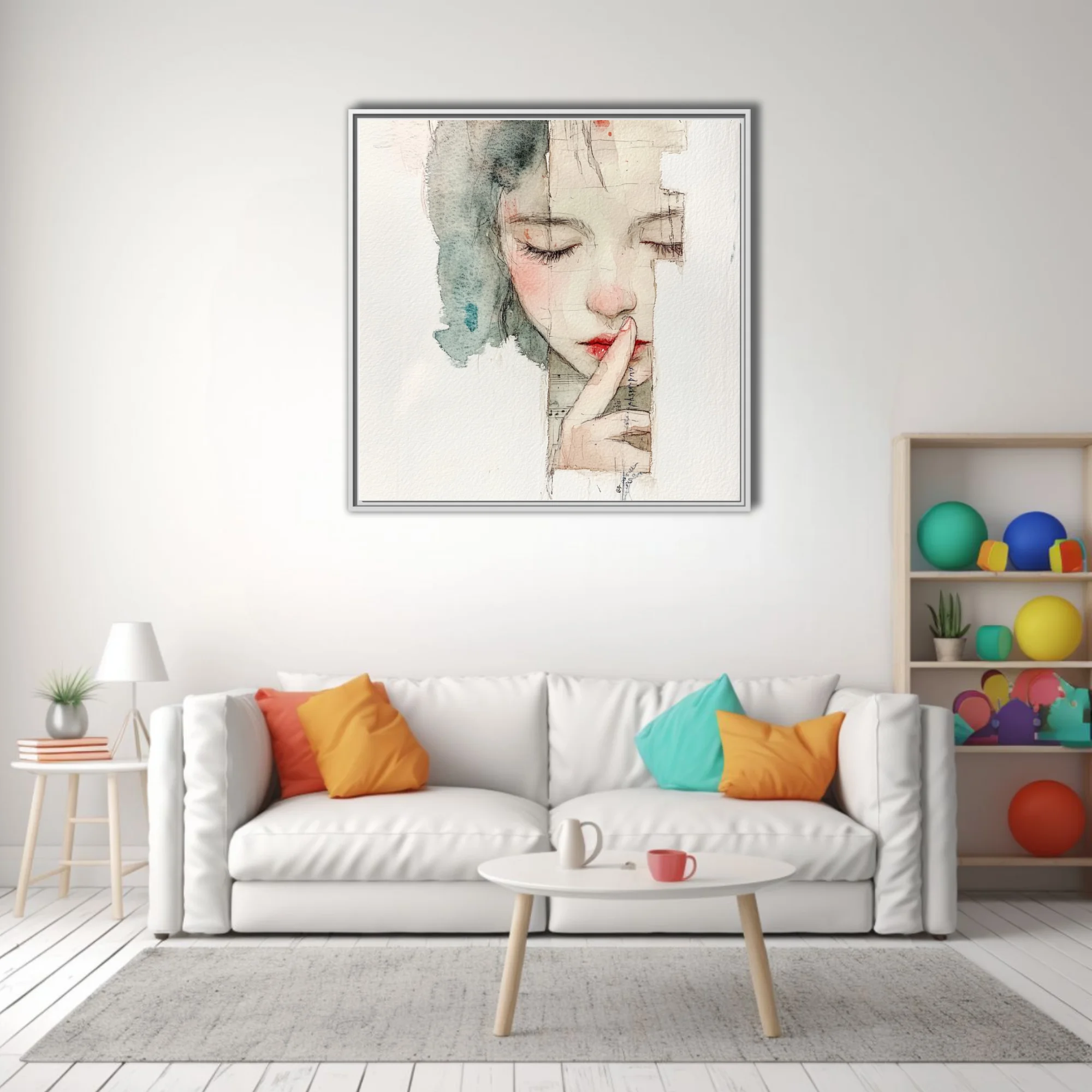 Watercolor-style mixed-media female portrait, muted tones, hushed contemplative mood