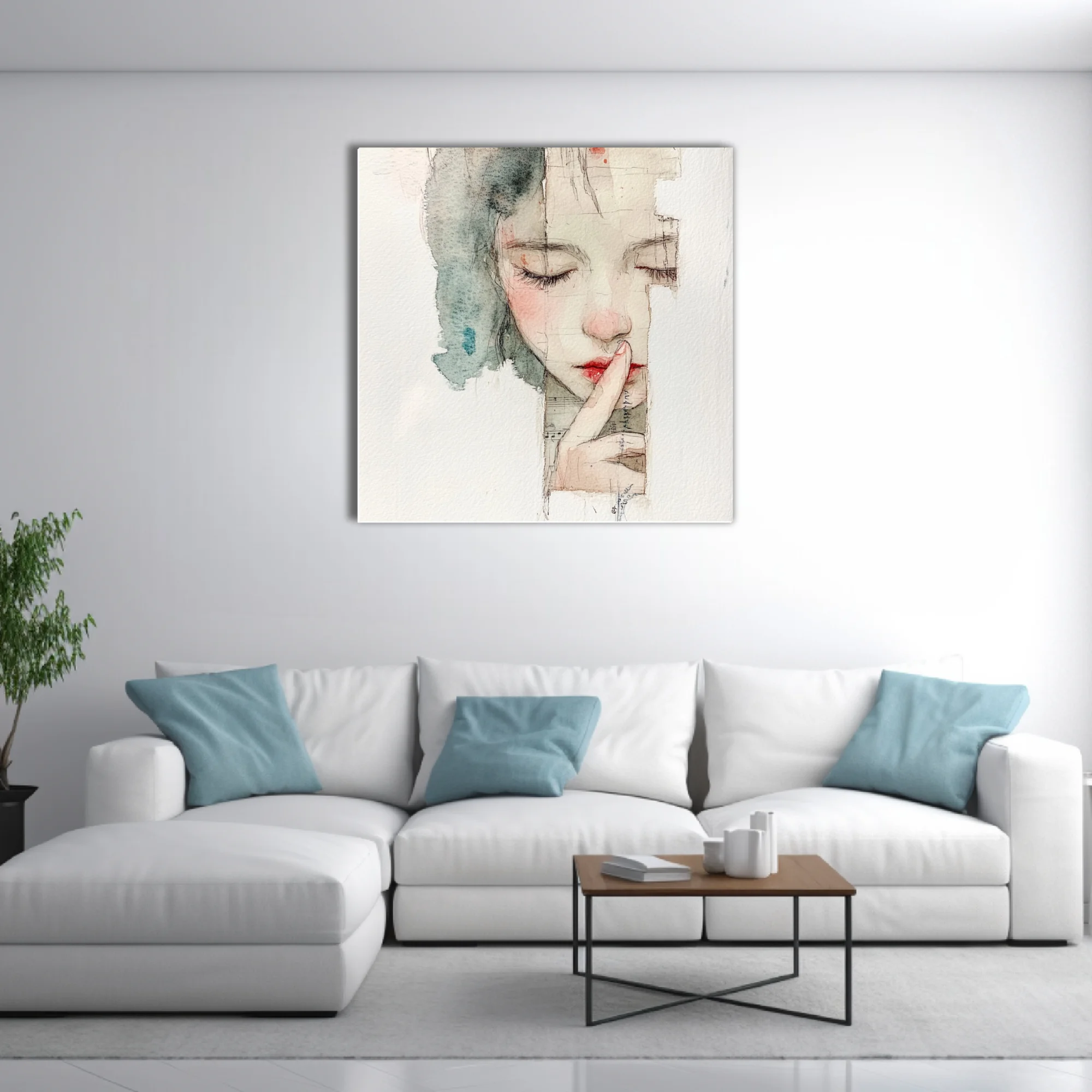 Watercolor-style mixed-media female portrait, muted tones, hushed contemplative mood