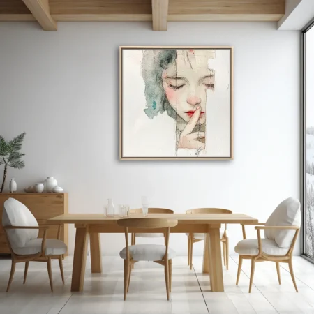 Watercolor-style mixed-media female portrait, muted tones, hushed contemplative mood