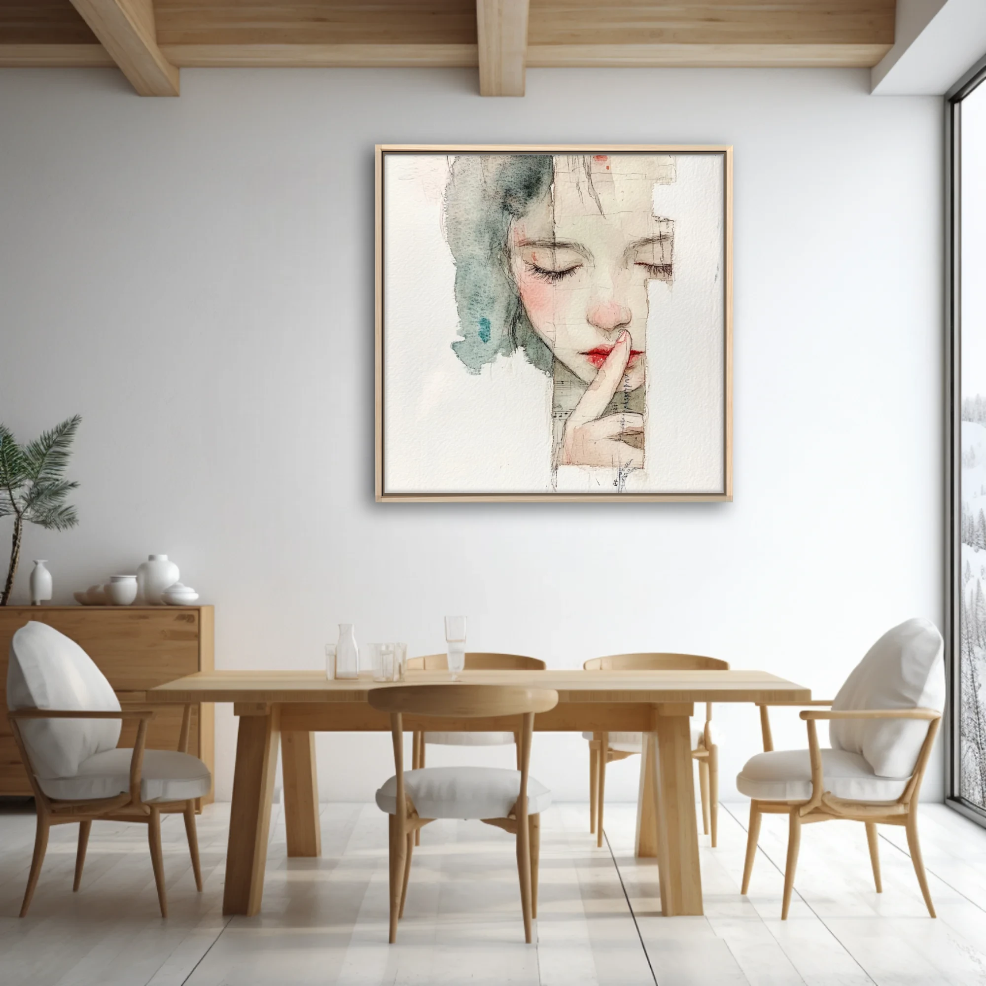 Watercolor-style mixed-media female portrait, muted tones, hushed contemplative mood
