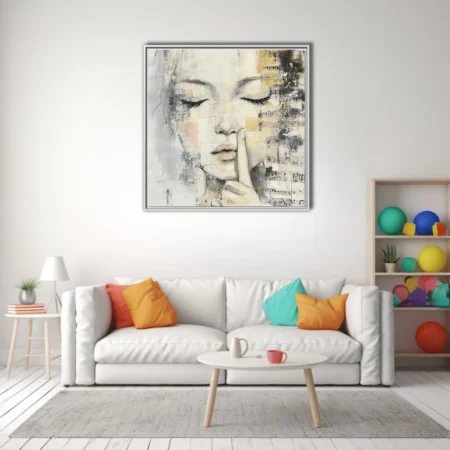 Mixed-media female portrait with musical score collage, ink linework, muted neutral palette