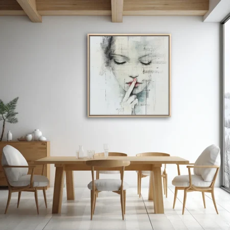 Mixed-media woman portrait with sheet-music collage, muted slate and crimson tones, hush gesture