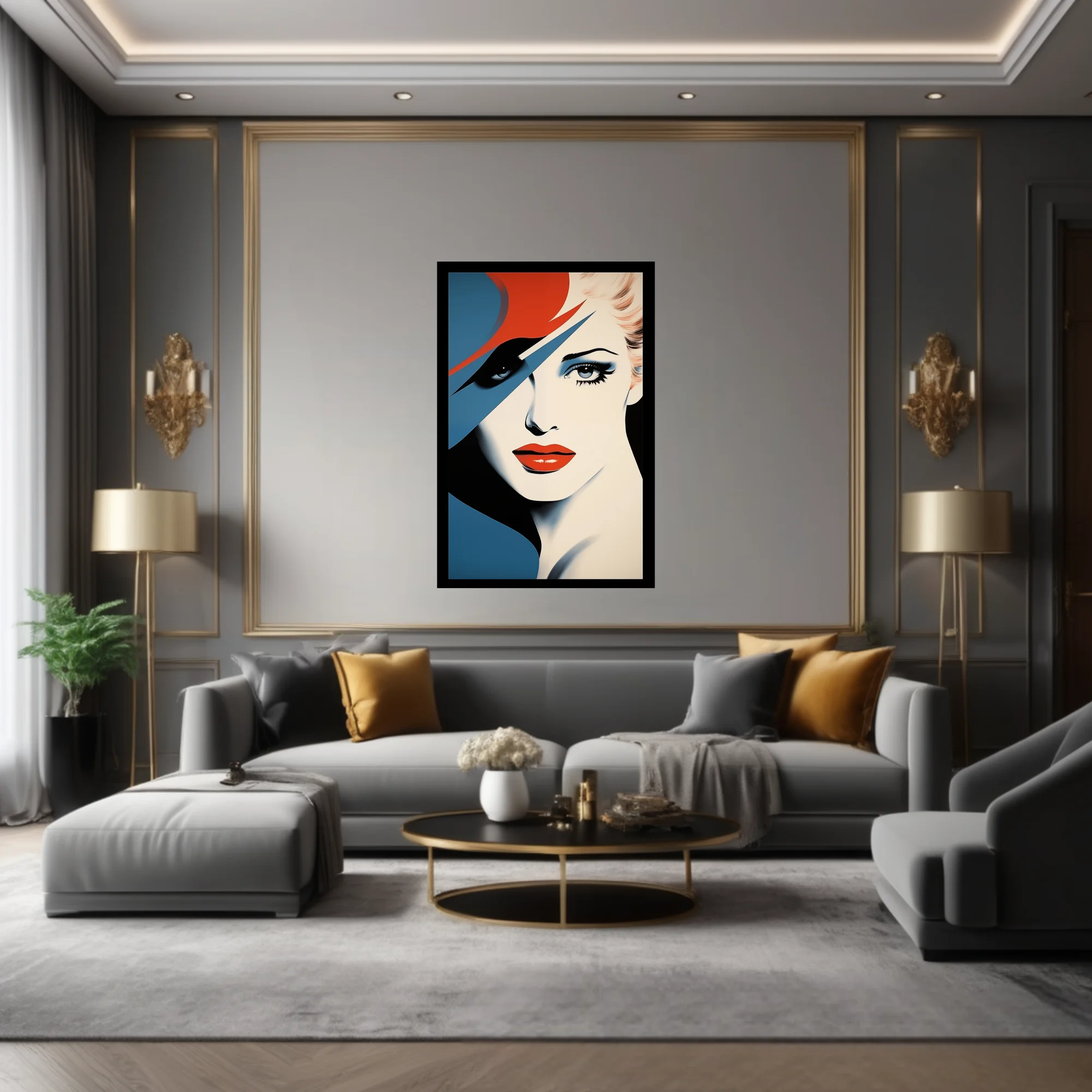 Bold-graphic woman portrait, red hat, bold red lips, blue and cream palette