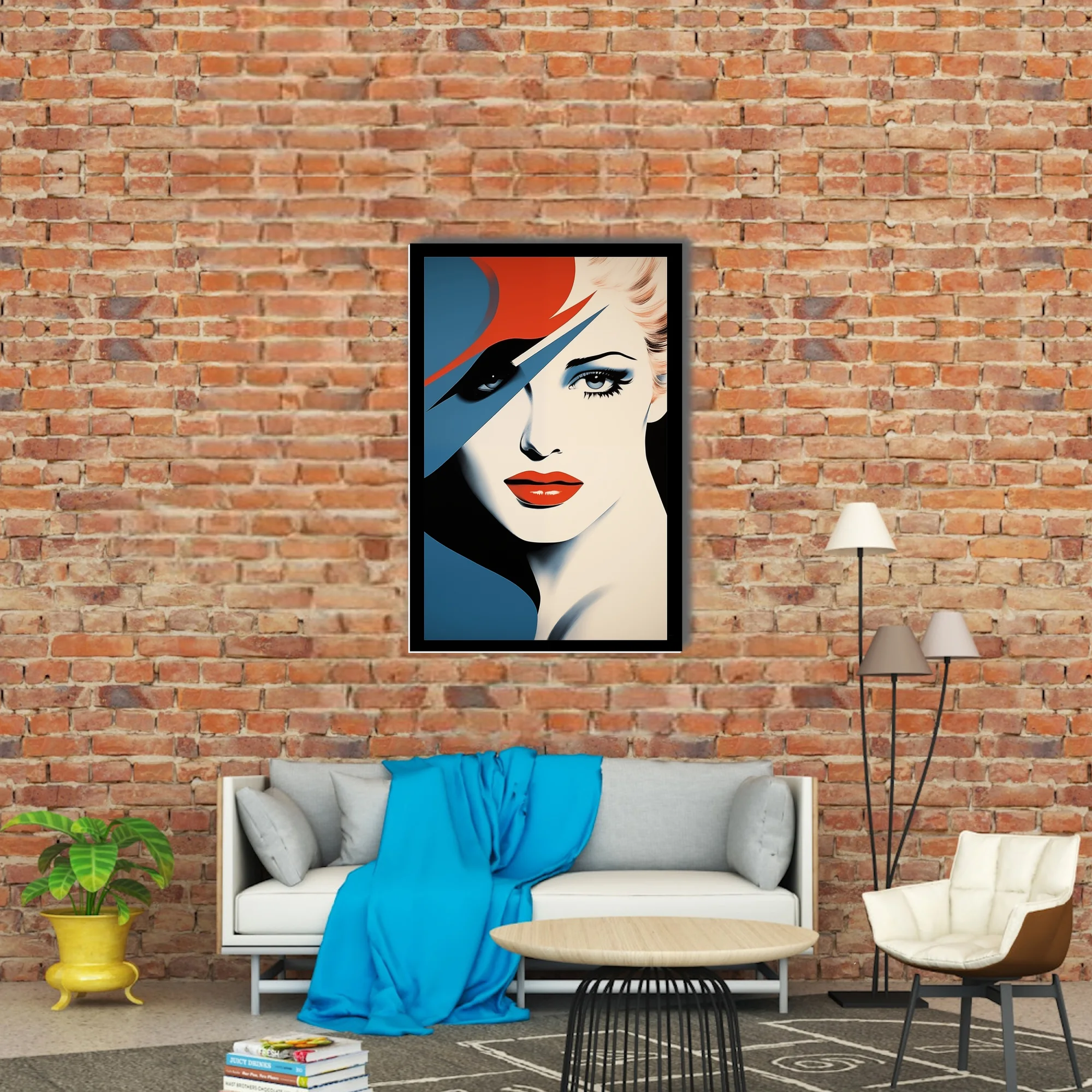 Bold-graphic woman portrait, red hat, bold red lips, blue and cream palette