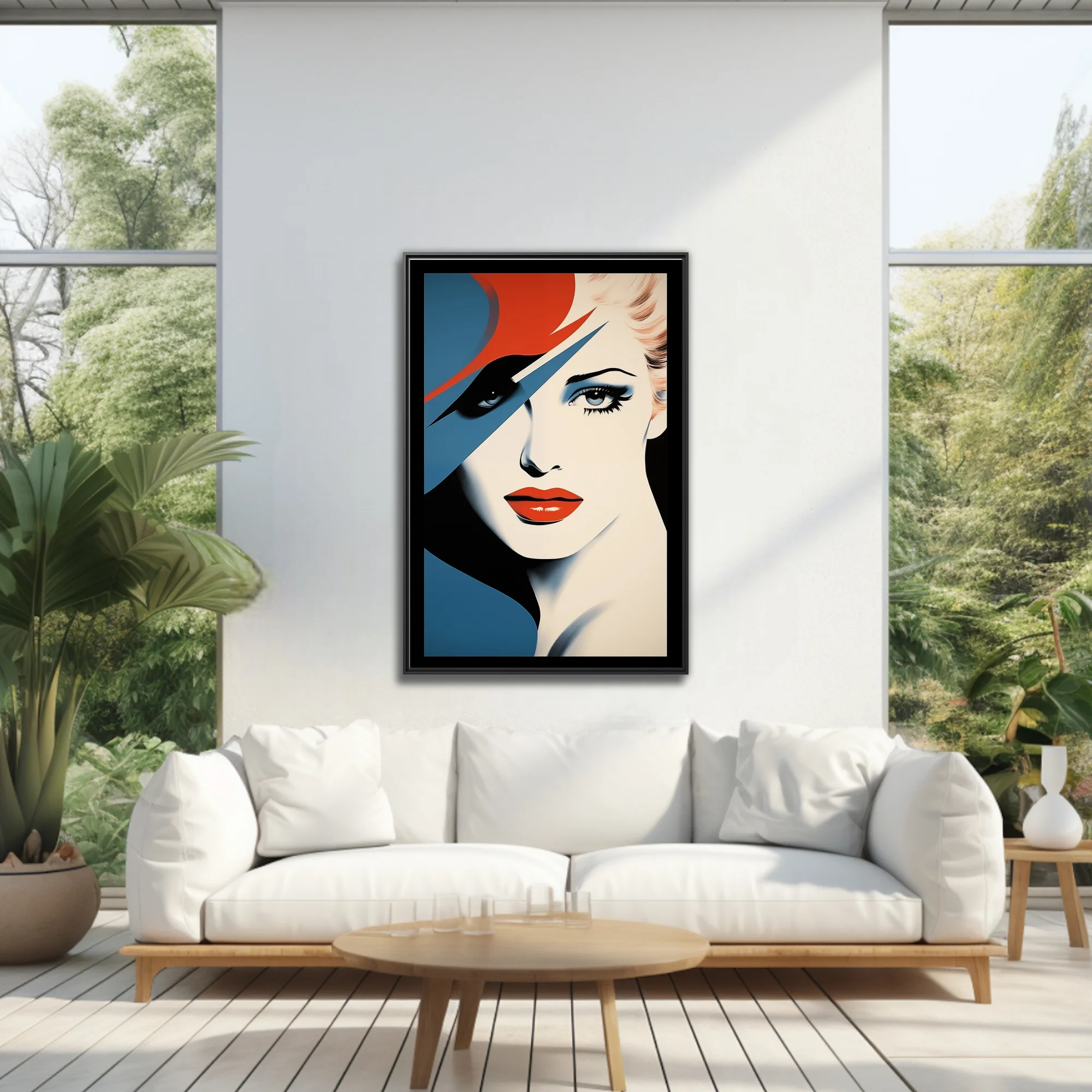 Bold-graphic woman portrait, red hat, bold red lips, blue and cream palette