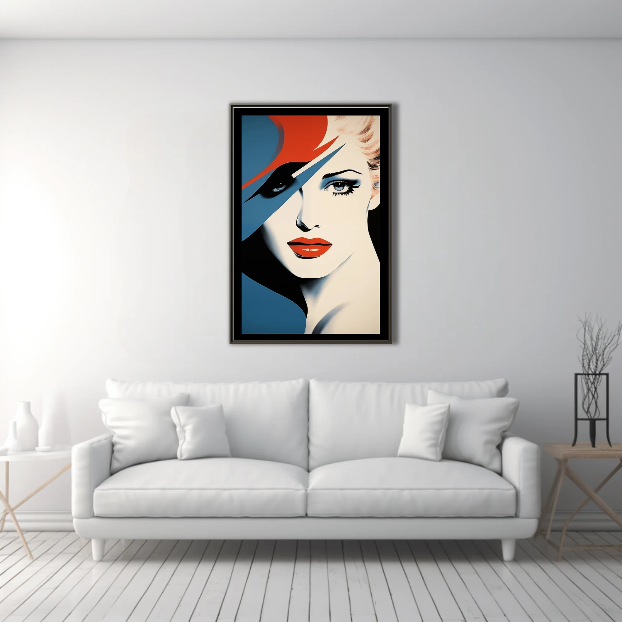Bold-graphic woman portrait, red hat, bold red lips, blue and cream palette