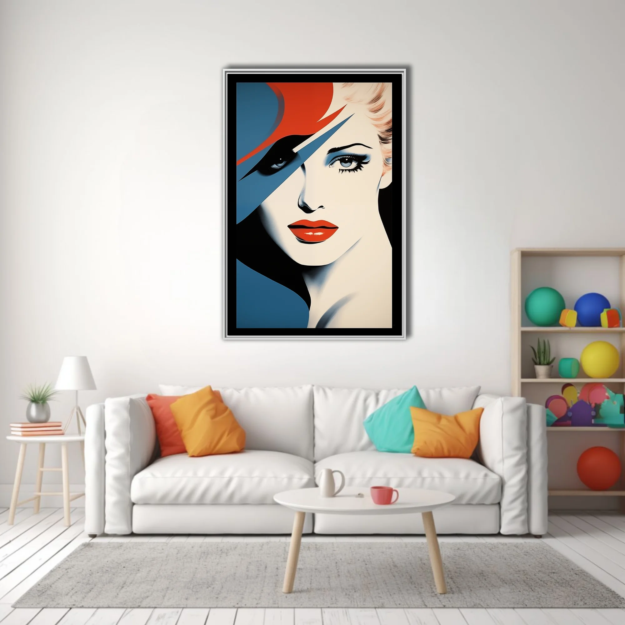 Bold-graphic woman portrait, red hat, bold red lips, blue and cream palette
