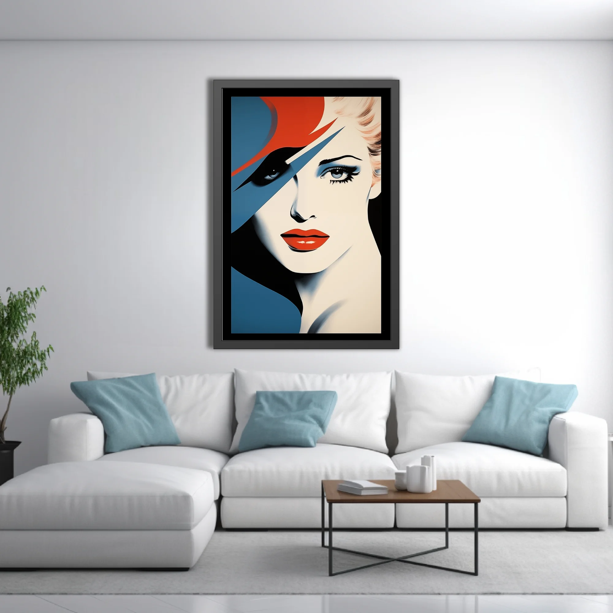 Bold-graphic woman portrait, red hat, bold red lips, blue and cream palette