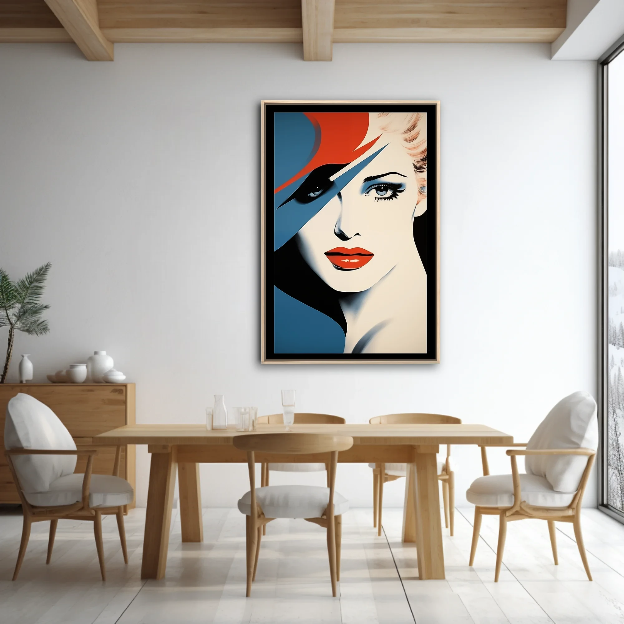 Bold-graphic woman portrait, red hat, bold red lips, blue and cream palette