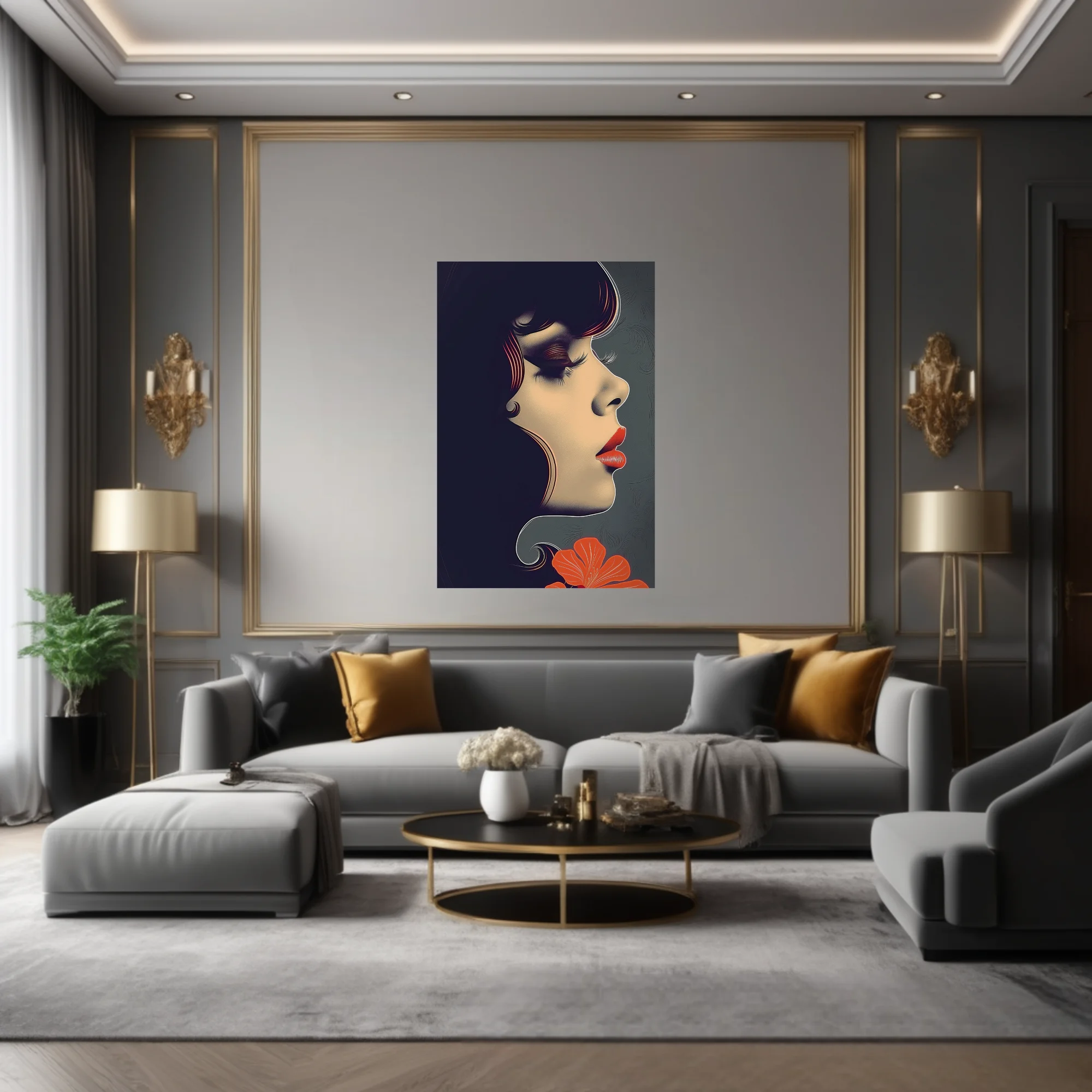 Stylized female portrait, dark palette with red lips and bold graphic lines