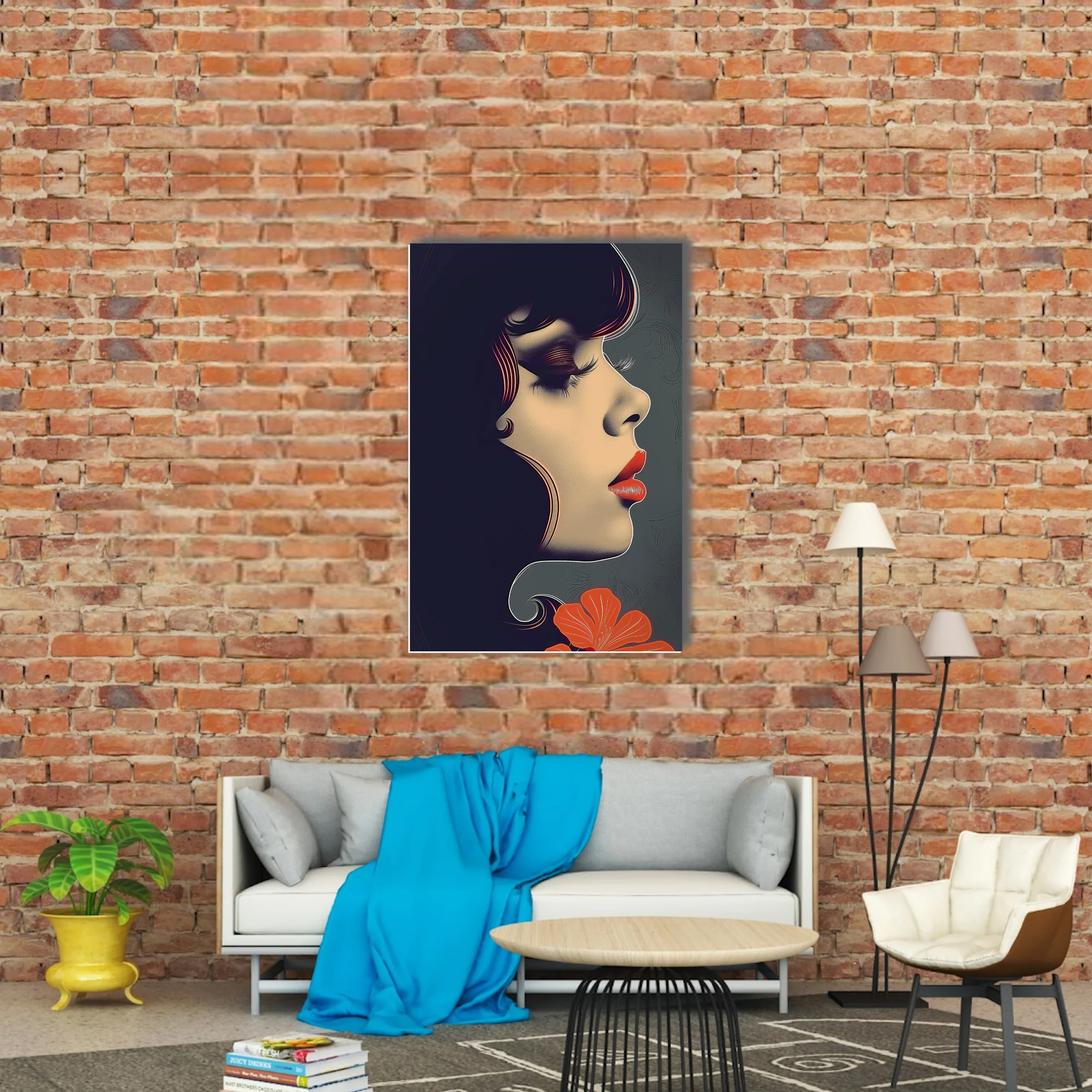 Stylized female portrait, dark palette with red lips and bold graphic lines