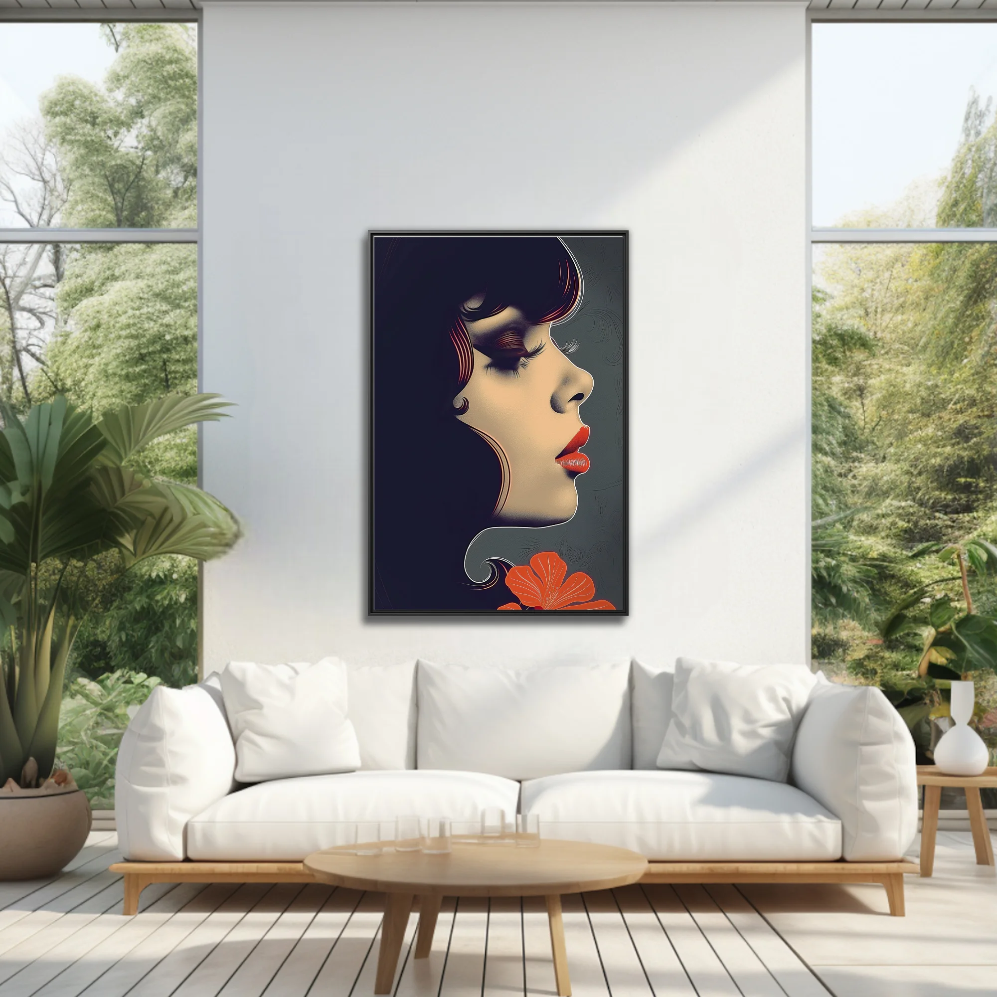 Stylized female portrait, dark palette with red lips and bold graphic lines