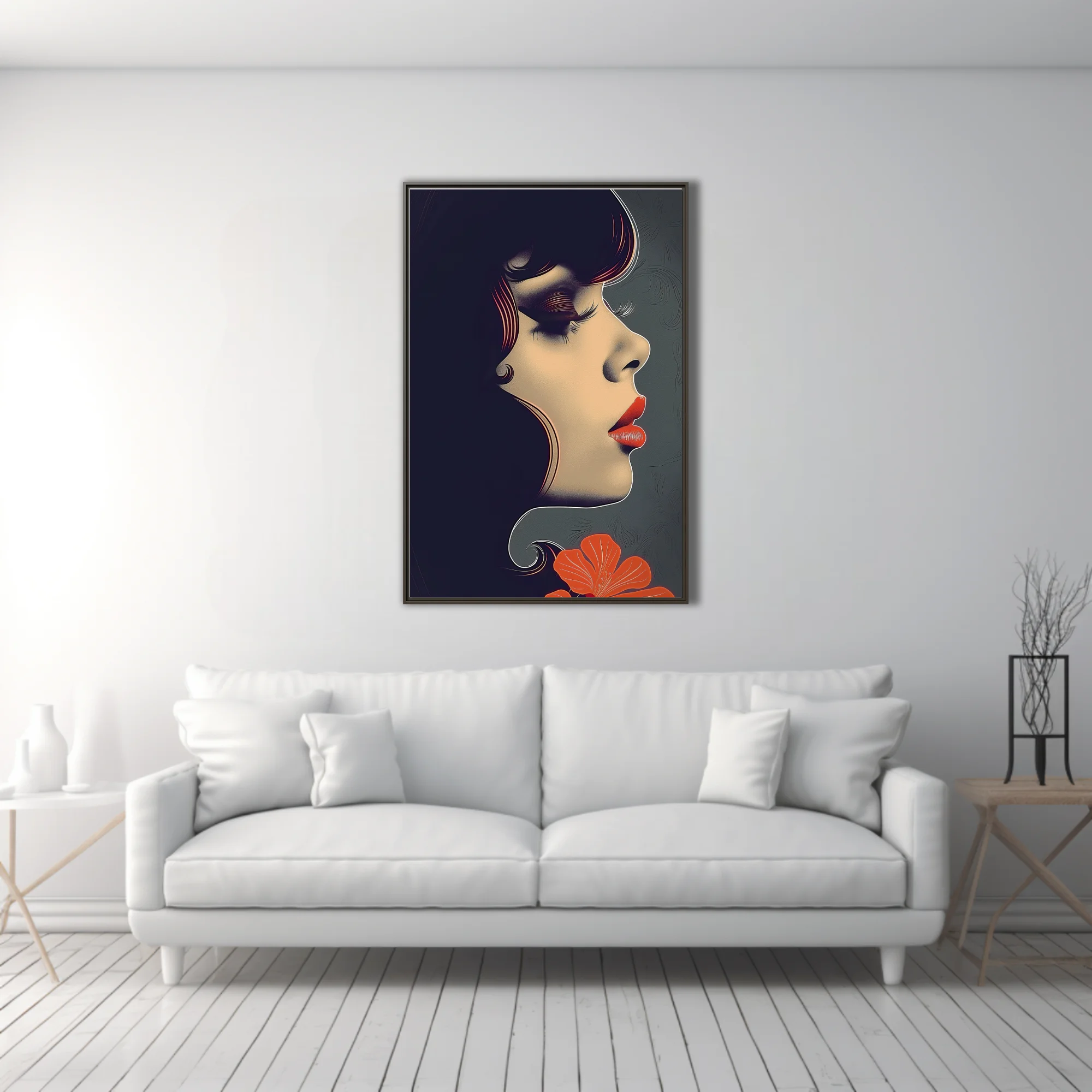 Stylized female portrait, dark palette with red lips and bold graphic lines