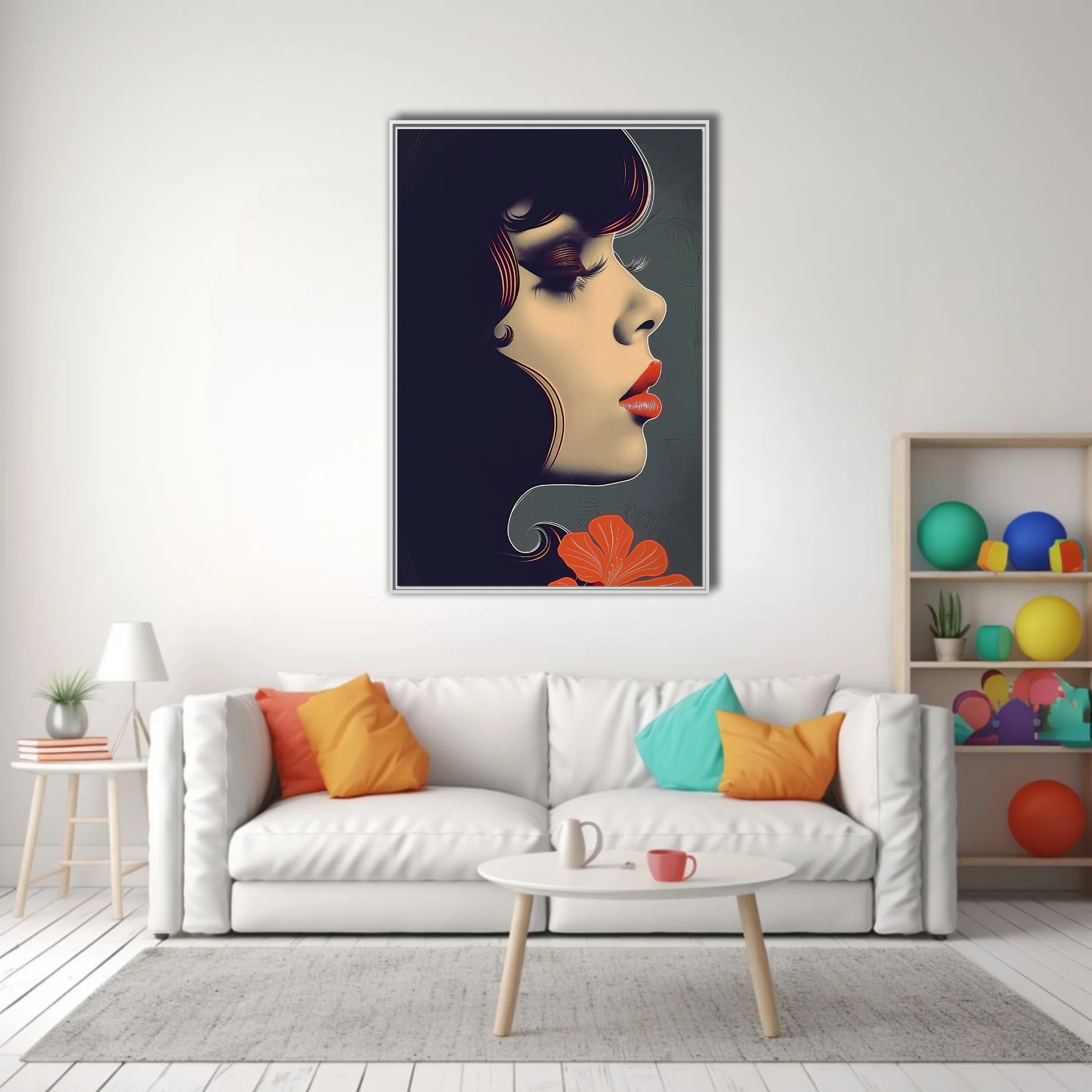 Stylized female portrait, dark palette with red lips and bold graphic lines