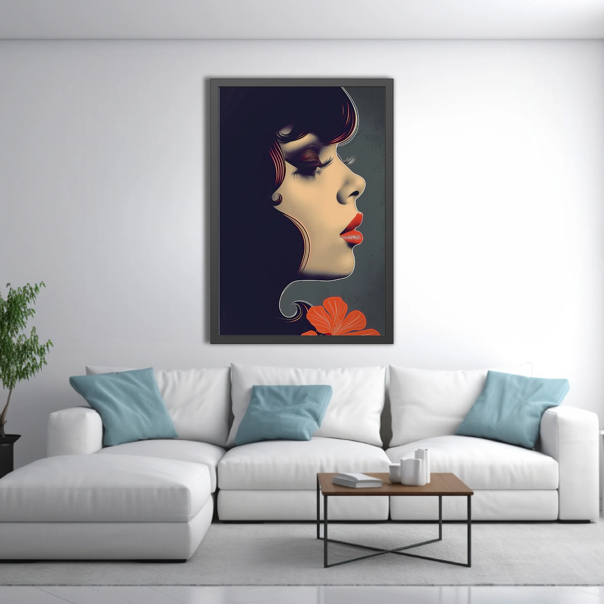 Stylized female portrait, dark palette with red lips and bold graphic lines