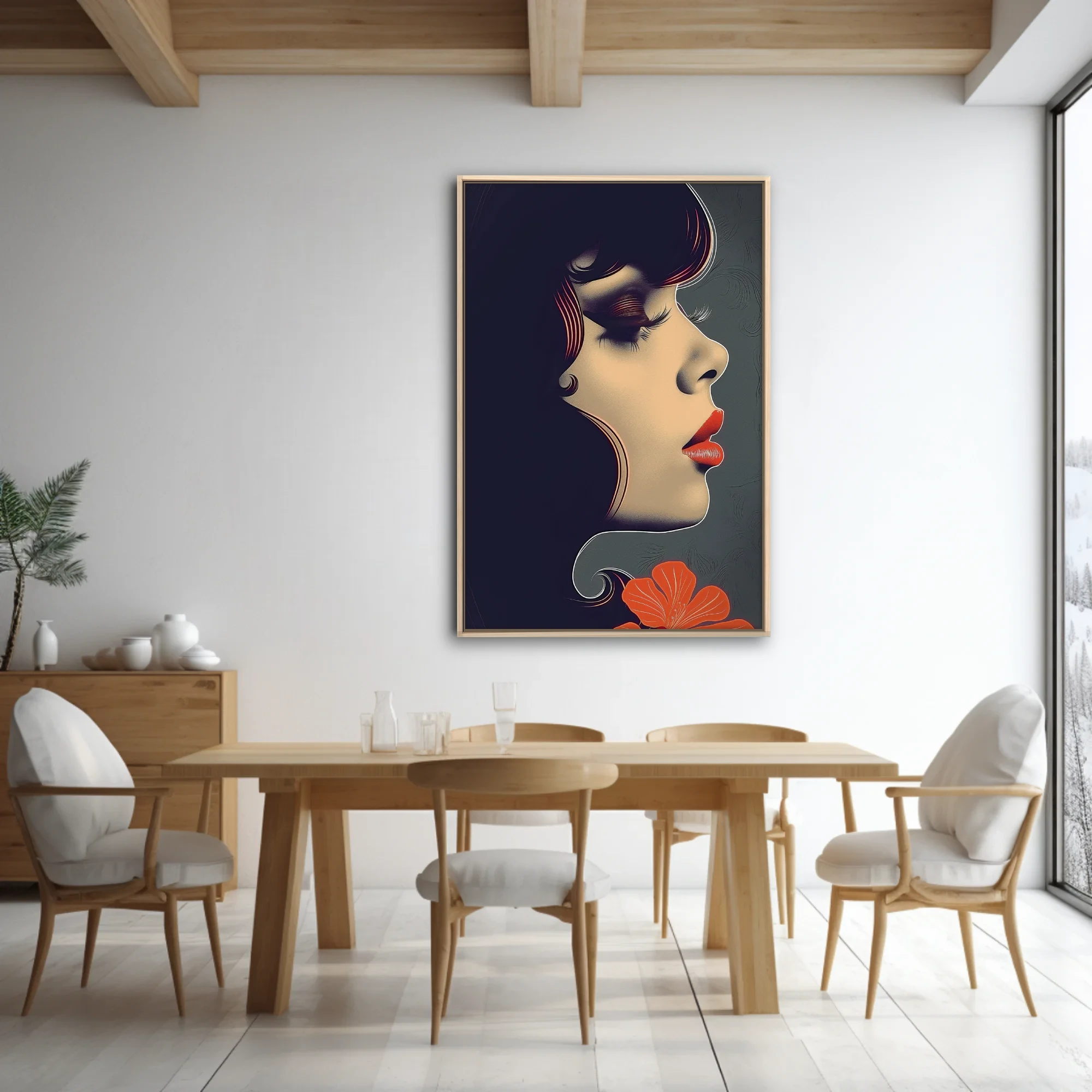 Stylized female portrait, dark palette with red lips and bold graphic lines