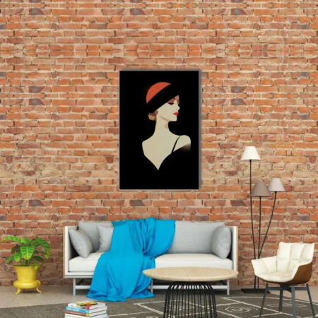 Minimalist woman portrait, black ivory red palette, graphic flat style